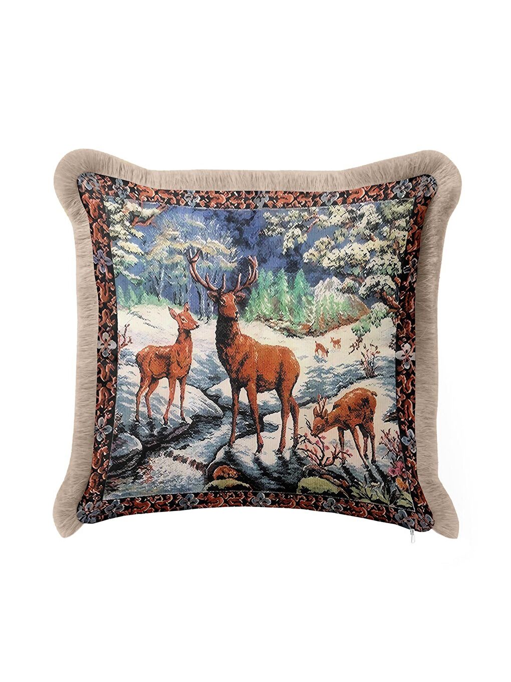 Karışık Lüks Orman Manzaralı Saçaklı Yastık Kılıfı - Geyik Figürlü Rustik Bej Püsküllü Kırlent Kılıfı-2