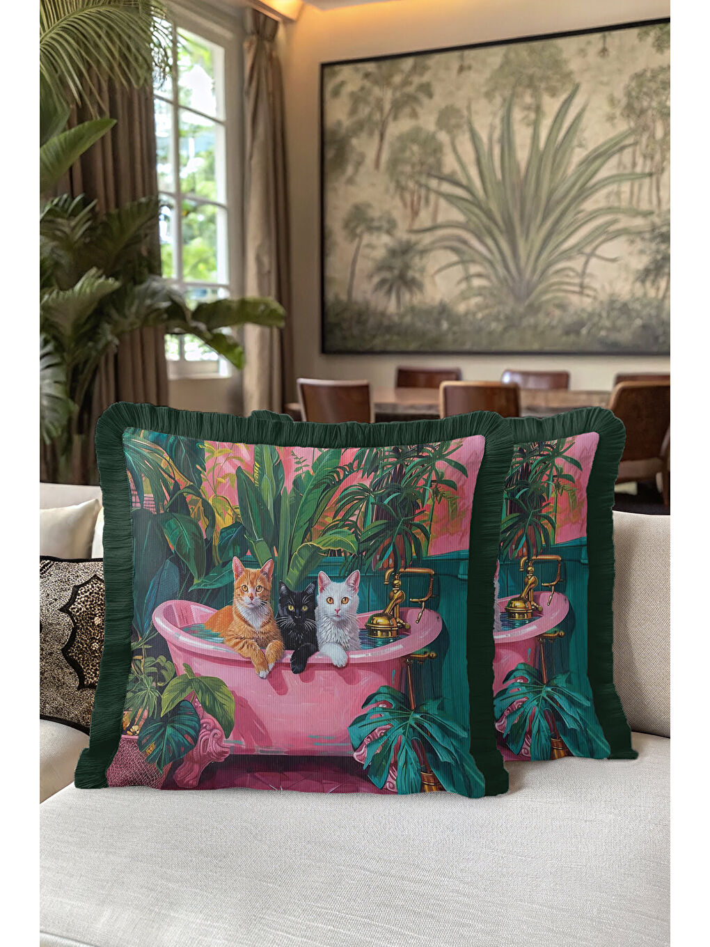 Karışık Tropikal Kedi Motifli Saçaklı Yastık Kılıfı - Renkli Banyo Bohem Zümrüt Püsküllü Kırlent Kılıfı-5