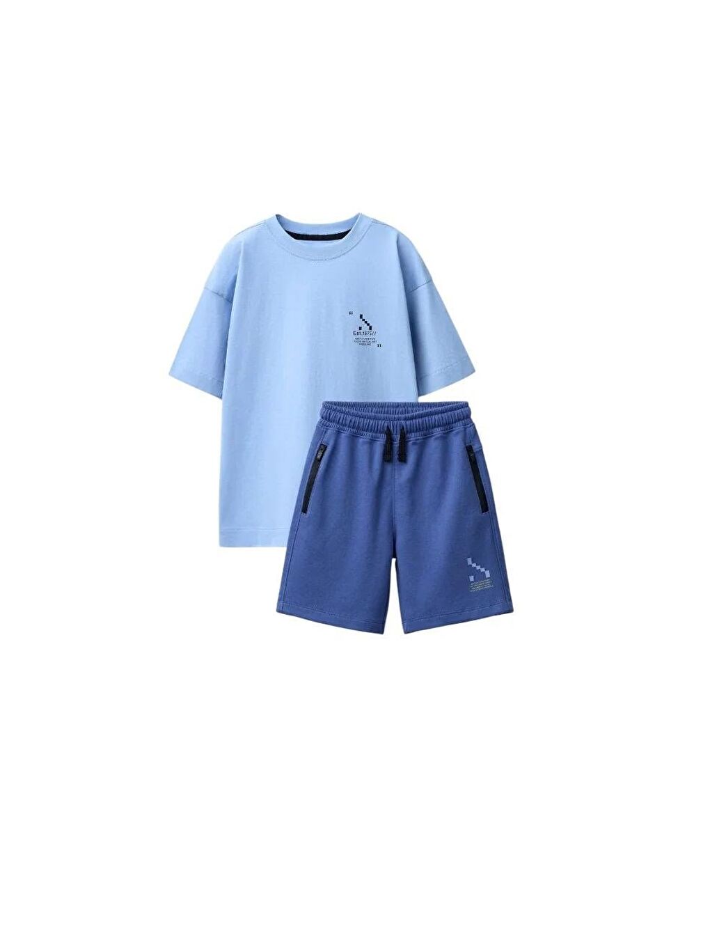 Karışık Erkek Çocuk Pamuklu Mavi Baskılı T-Shirt Ve Şort Takım - Fermuar Cepli-1