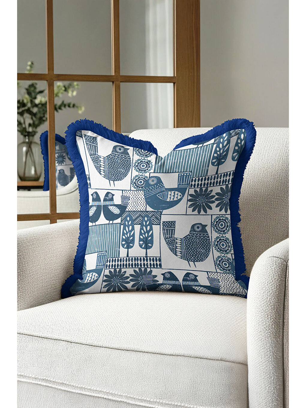 Karışık Modern Kuş Figürlü Saçaklı Yastık Kılıfı - İskandinav Doğal Mavi Püsküllü Kırlent Kılıfı