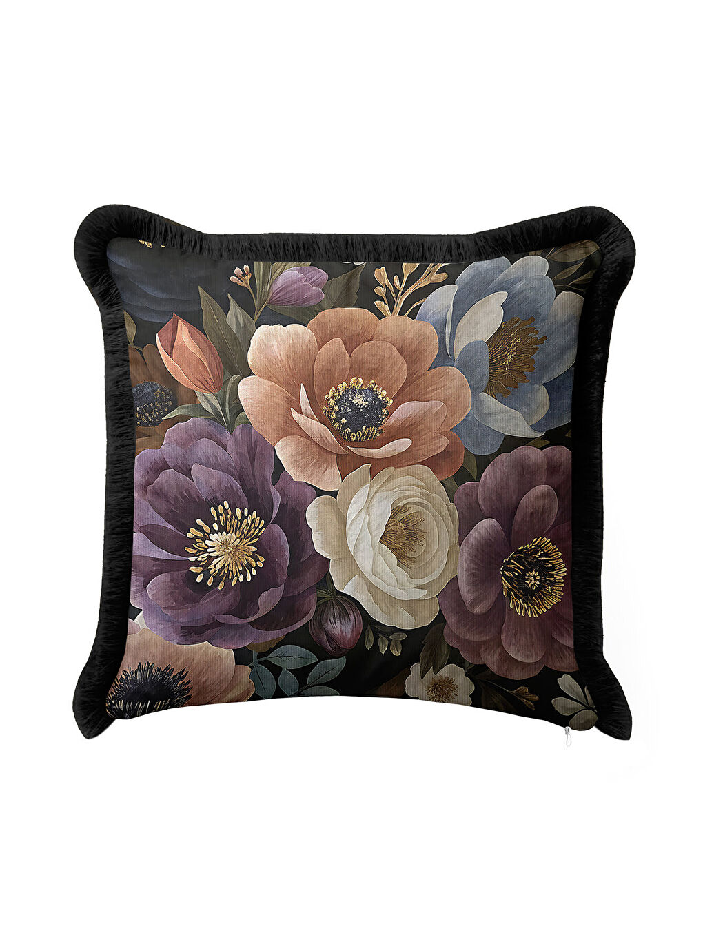 Karışık Zengin Çiçek Bahçesi Saçaklı Yastık Kılıfı - Bohem Lüks Siyah Altın Renkli Püsküllü Kırlent Kılıfı-4