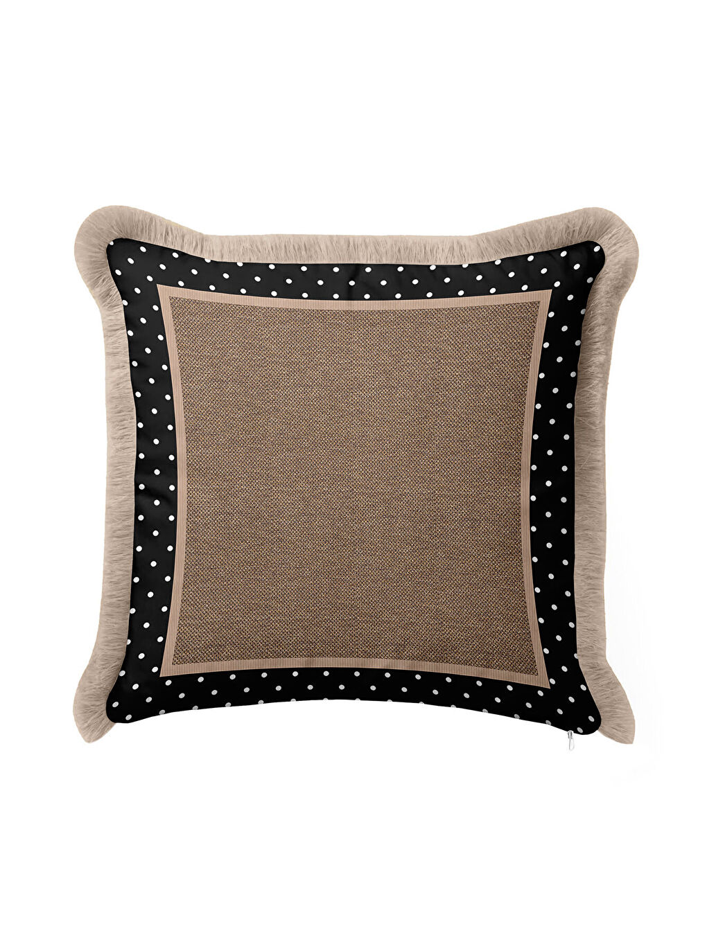 Karışık Zarif Puantiye Kenarlı Saçaklı Yastık Kılıfı - Country Modern Siyah Bej Püsküllü Kırlent Kılıfı-4