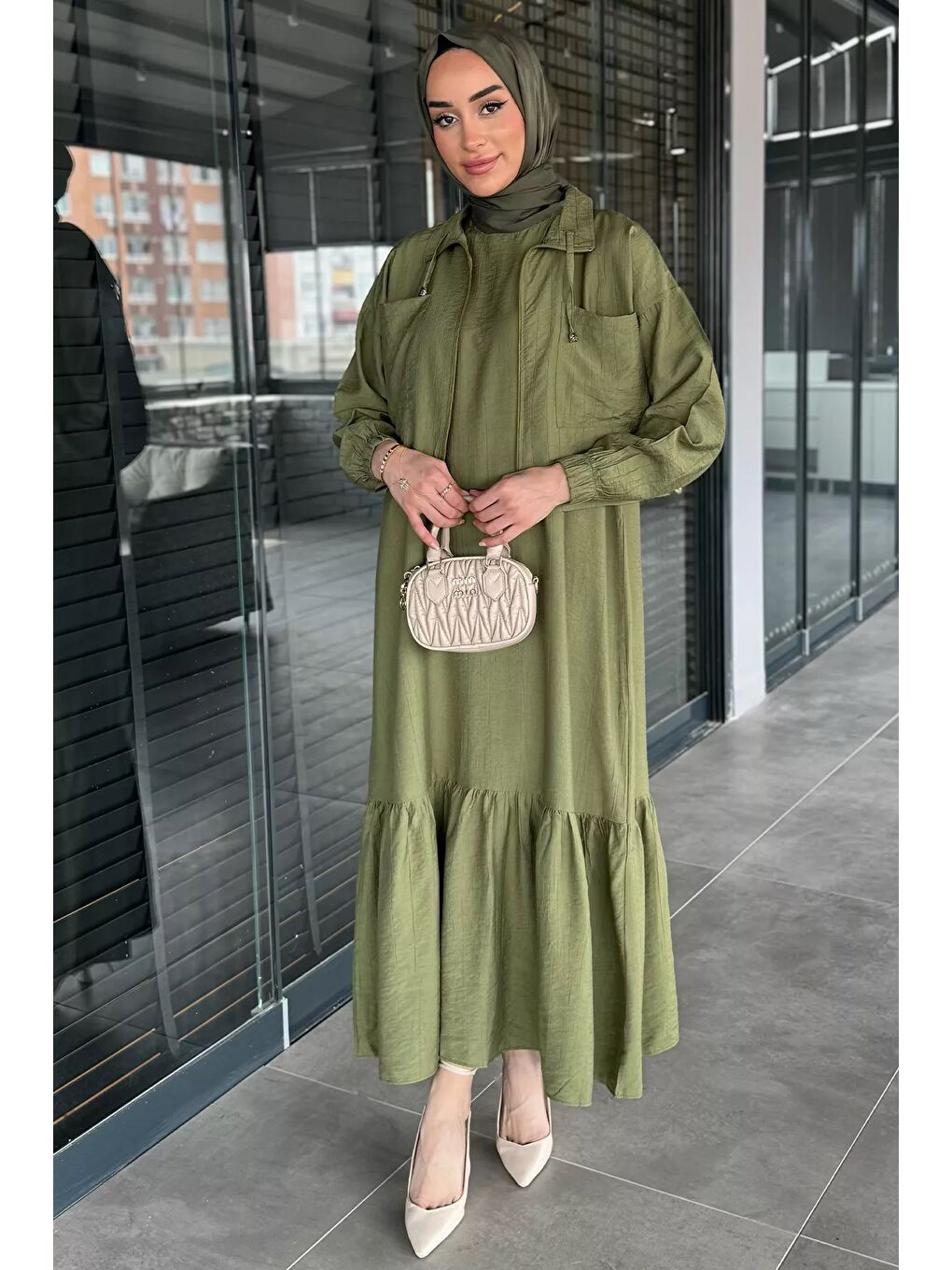 Haki Etek Ucu Fırfırlı Bel Lastikli Hırka Kombinli Tesettür Elbise