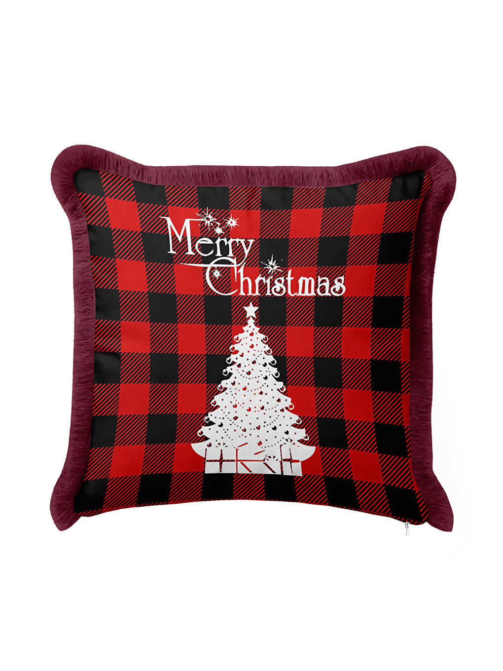 Karışık Kırmızı Ekose Saçaklı Yastık Kılıfı - Kış Temalı Modern Beyaz Siyah Püsküllü Kırlent Kılıfı-4