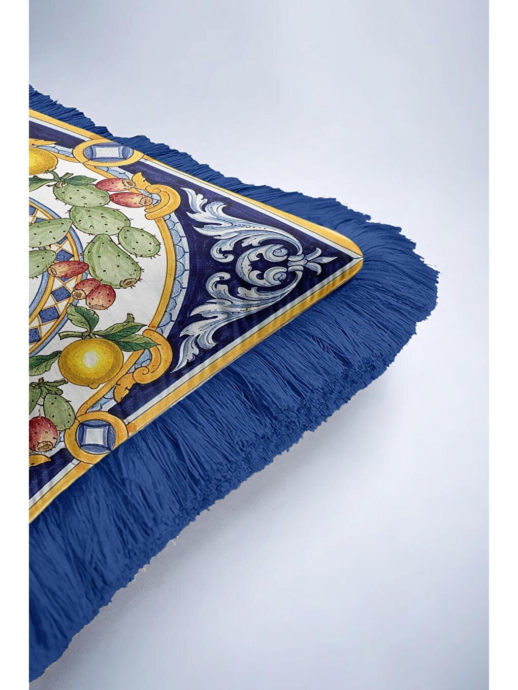 Karışık İtalyan Saray Stili Saçaklı Yastık Kılıfı - Akdeniz Limonlu Klasik Mavi Püsküllü Kırlent Kılıfı-6