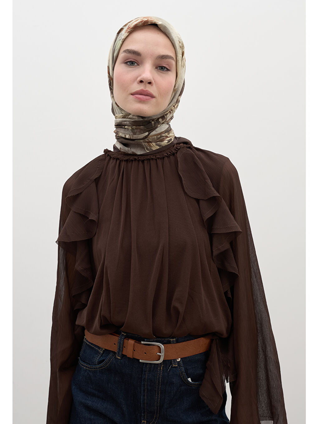 Kahverengi Marıelle Desen Pamuklu Viskon Eşarp Kahve-1