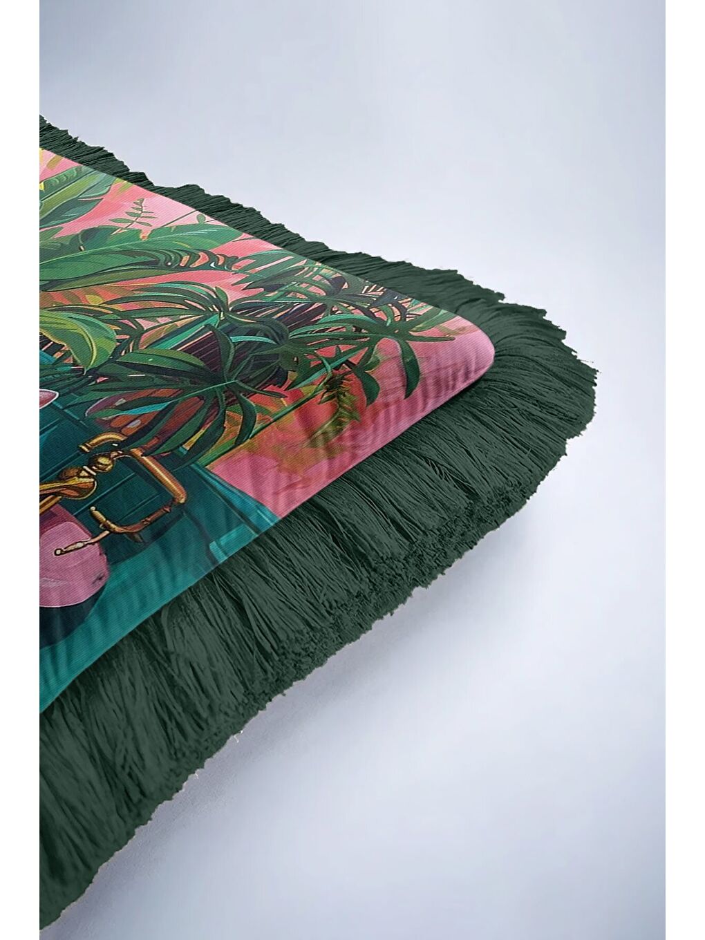 Karışık Tropikal Kedi Motifli Saçaklı Yastık Kılıfı - Renkli Banyo Bohem Zümrüt Püsküllü Kırlent Kılıfı-6