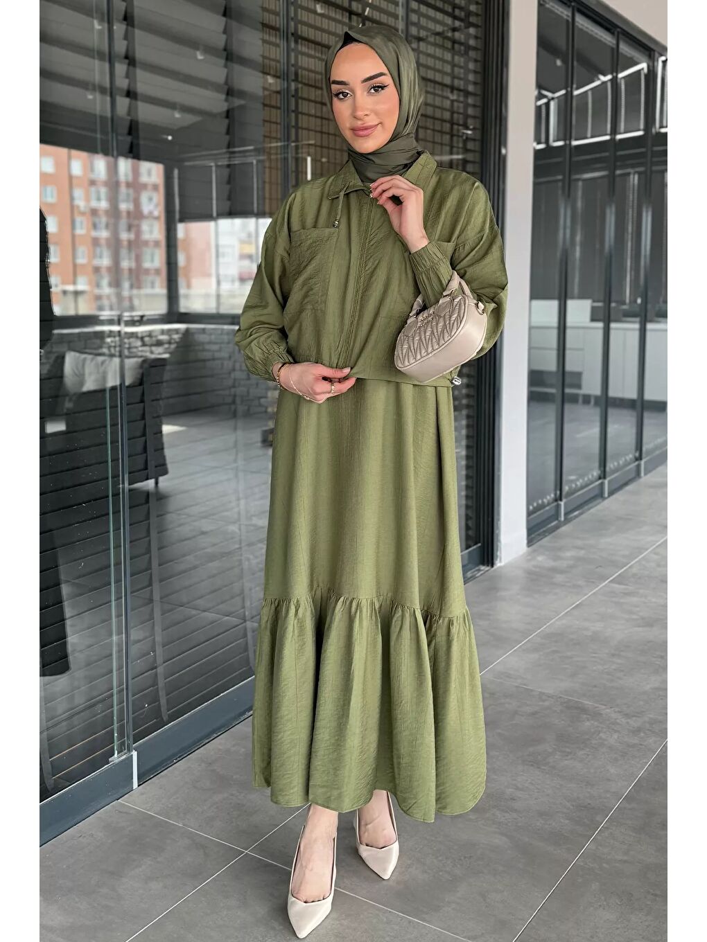 Haki Etek Ucu Fırfırlı Bel Lastikli Hırka Kombinli Tesettür Elbise-2