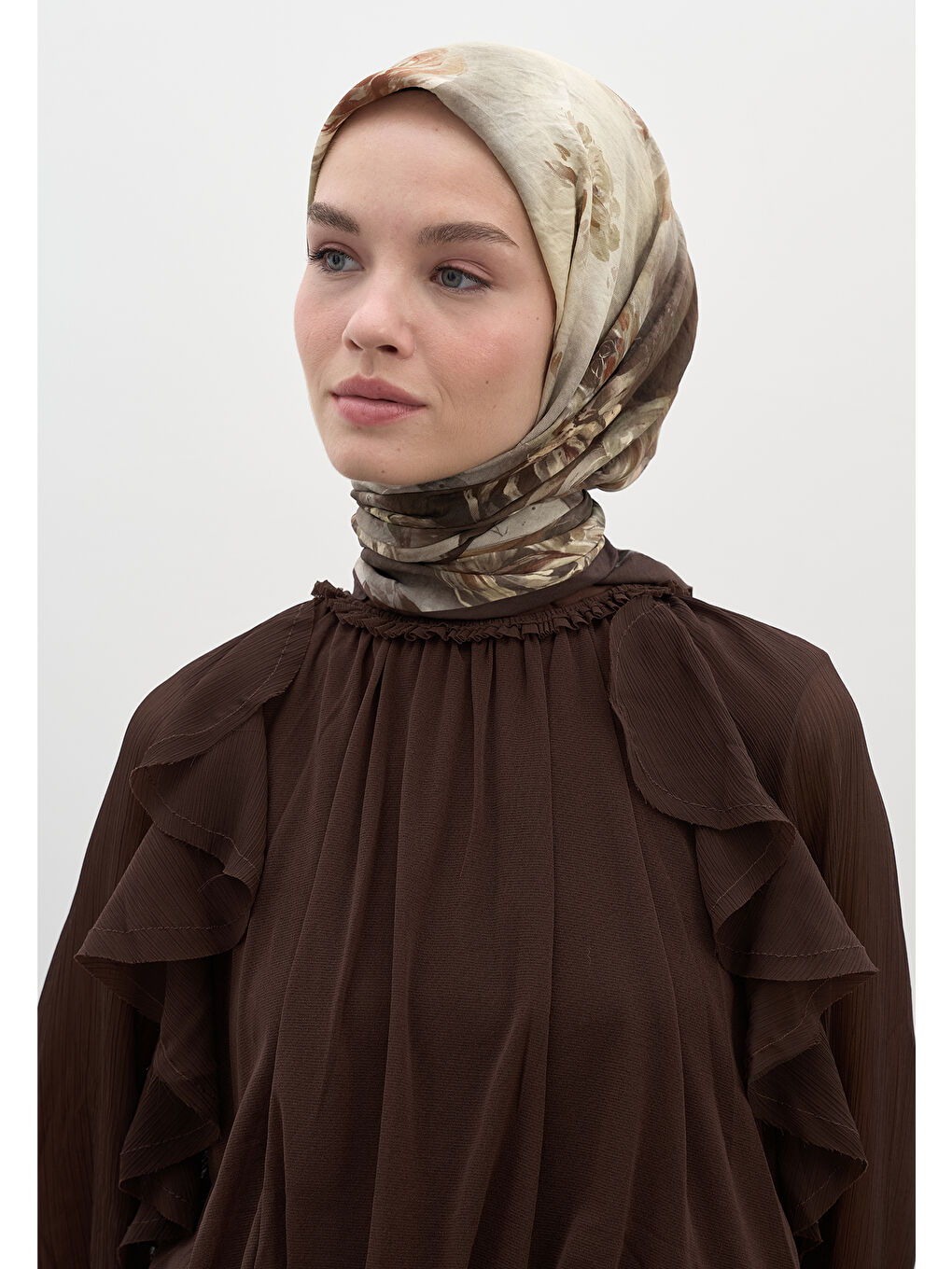 Kahverengi Marıelle Desen Pamuklu Viskon Eşarp Kahve-2