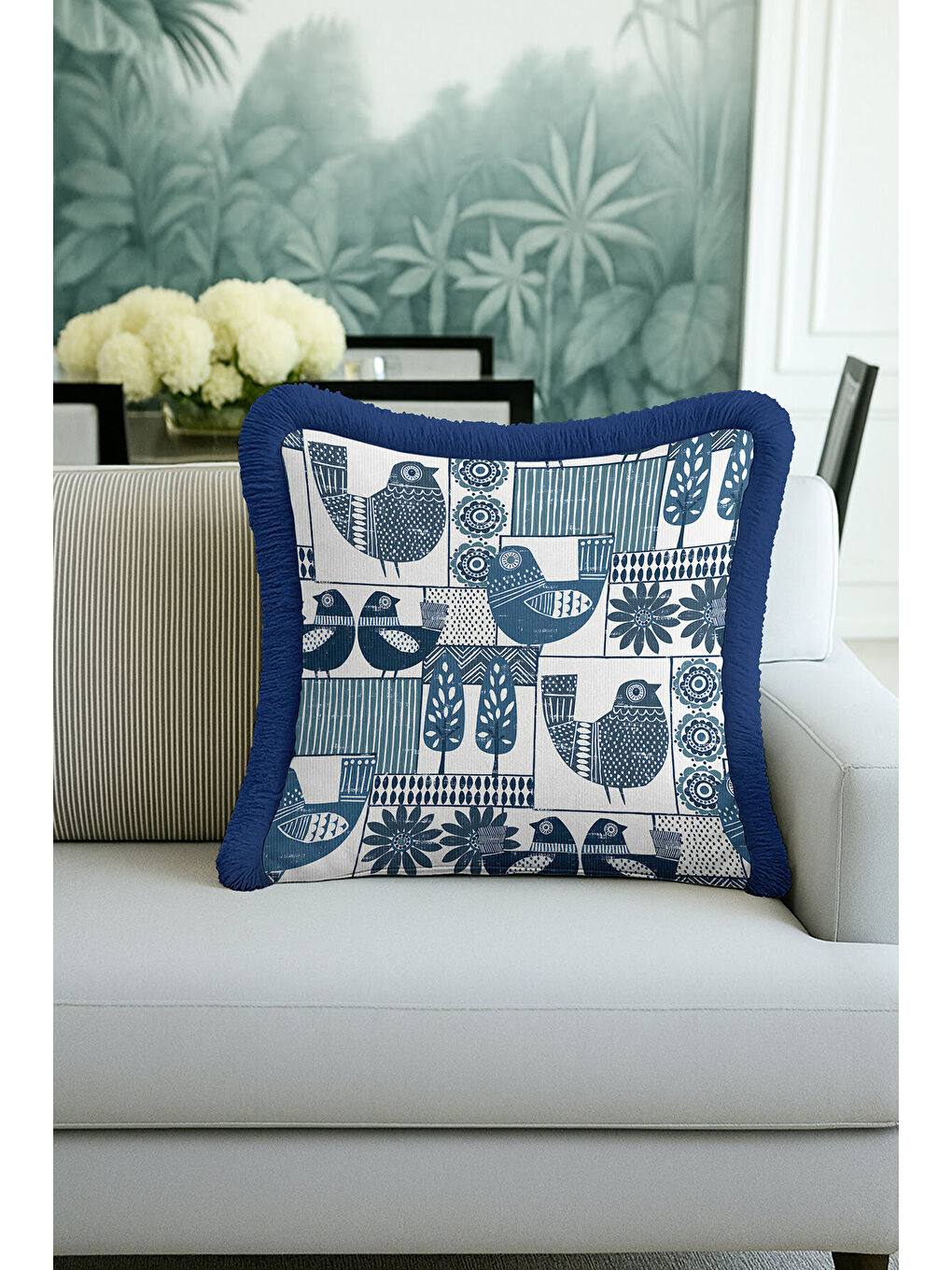 Karışık Modern Kuş Figürlü Saçaklı Yastık Kılıfı - İskandinav Doğal Mavi Püsküllü Kırlent Kılıfı-1