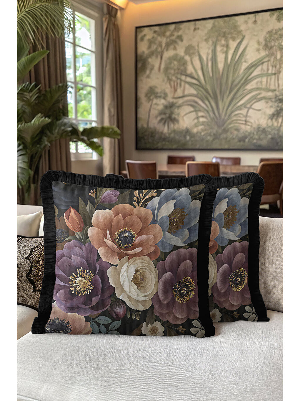 Karışık Zengin Çiçek Bahçesi Saçaklı Yastık Kılıfı - Bohem Lüks Siyah Altın Renkli Püsküllü Kırlent Kılıfı-5