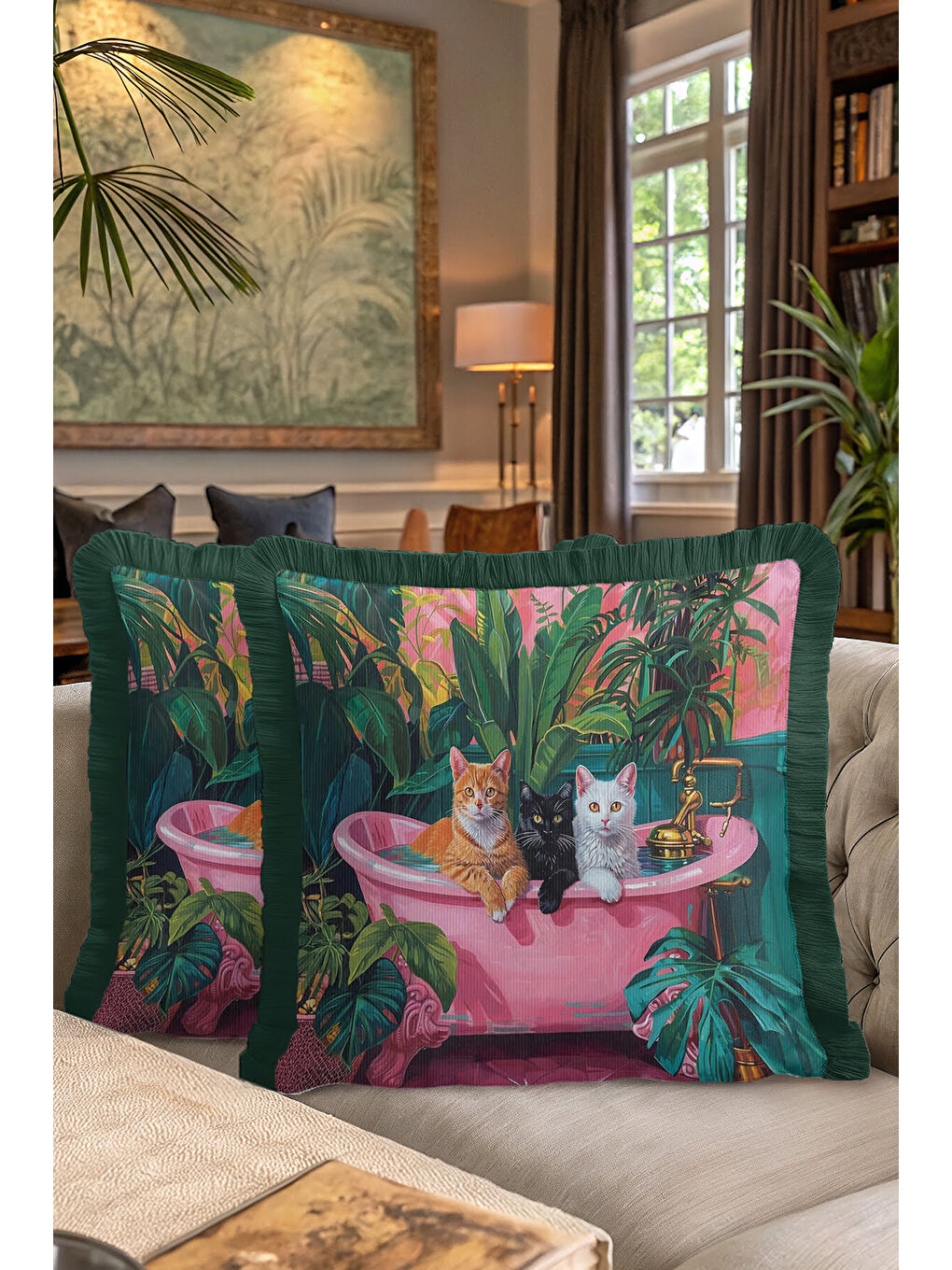 Karışık Tropikal Kedi Motifli Saçaklı Yastık Kılıfı - Renkli Banyo Bohem Zümrüt Püsküllü Kırlent Kılıfı-7