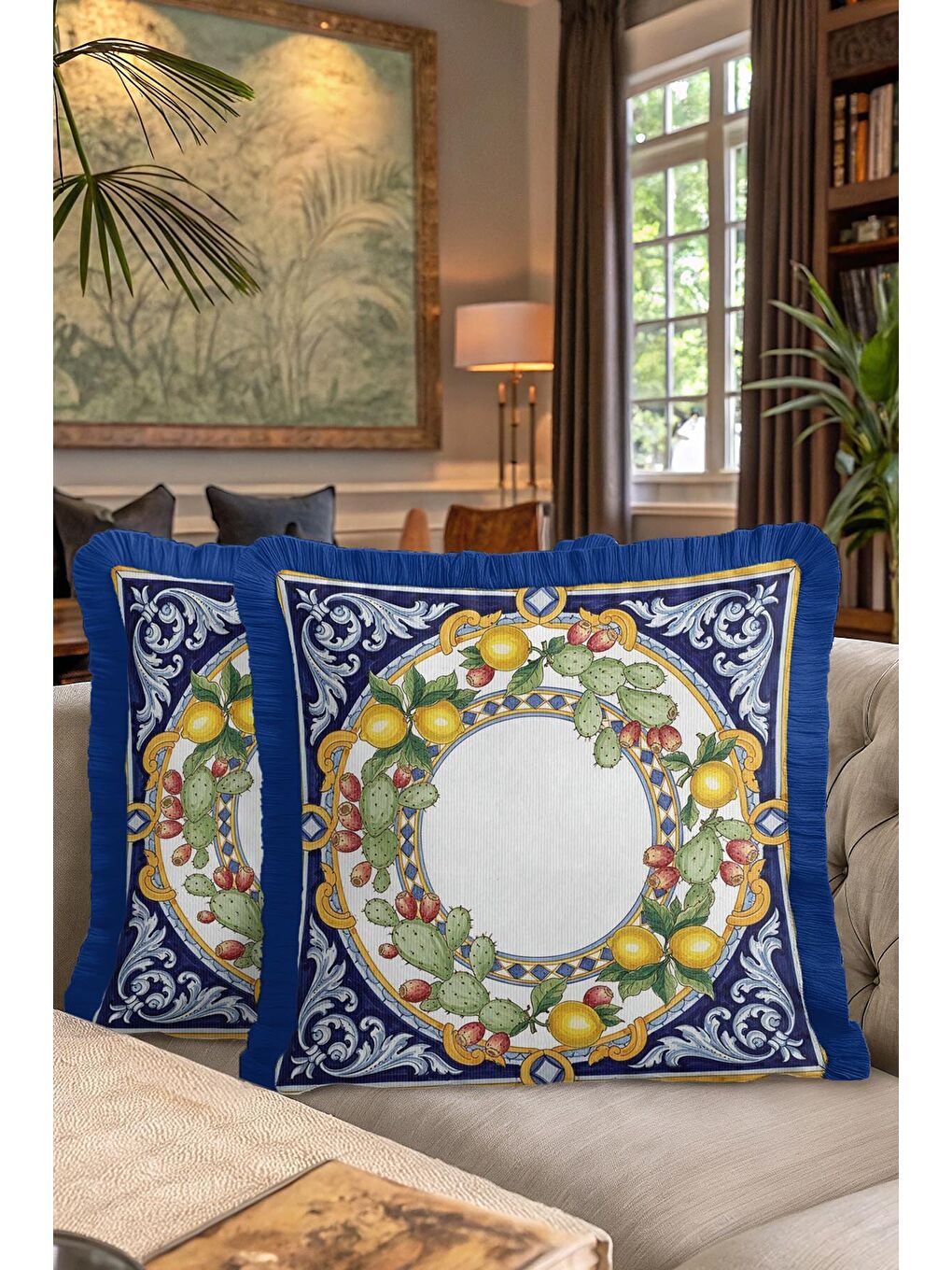 Karışık İtalyan Saray Stili Saçaklı Yastık Kılıfı - Akdeniz Limonlu Klasik Mavi Püsküllü Kırlent Kılıfı-7