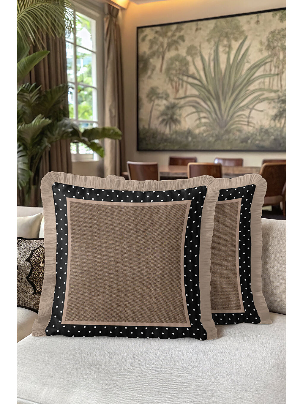 Karışık Zarif Puantiye Kenarlı Saçaklı Yastık Kılıfı - Country Modern Siyah Bej Püsküllü Kırlent Kılıfı-5