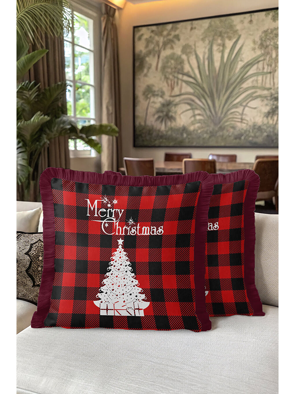 Karışık Kırmızı Ekose Saçaklı Yastık Kılıfı - Kış Temalı Modern Beyaz Siyah Püsküllü Kırlent Kılıfı-5