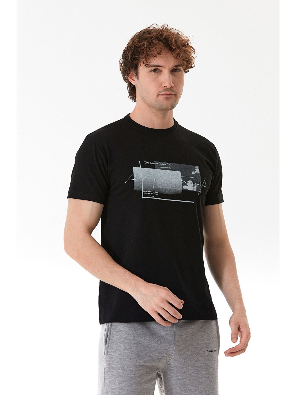 Siyah Yazı Baskılı Bisiklet Yaka %100 Pamuk Tişört