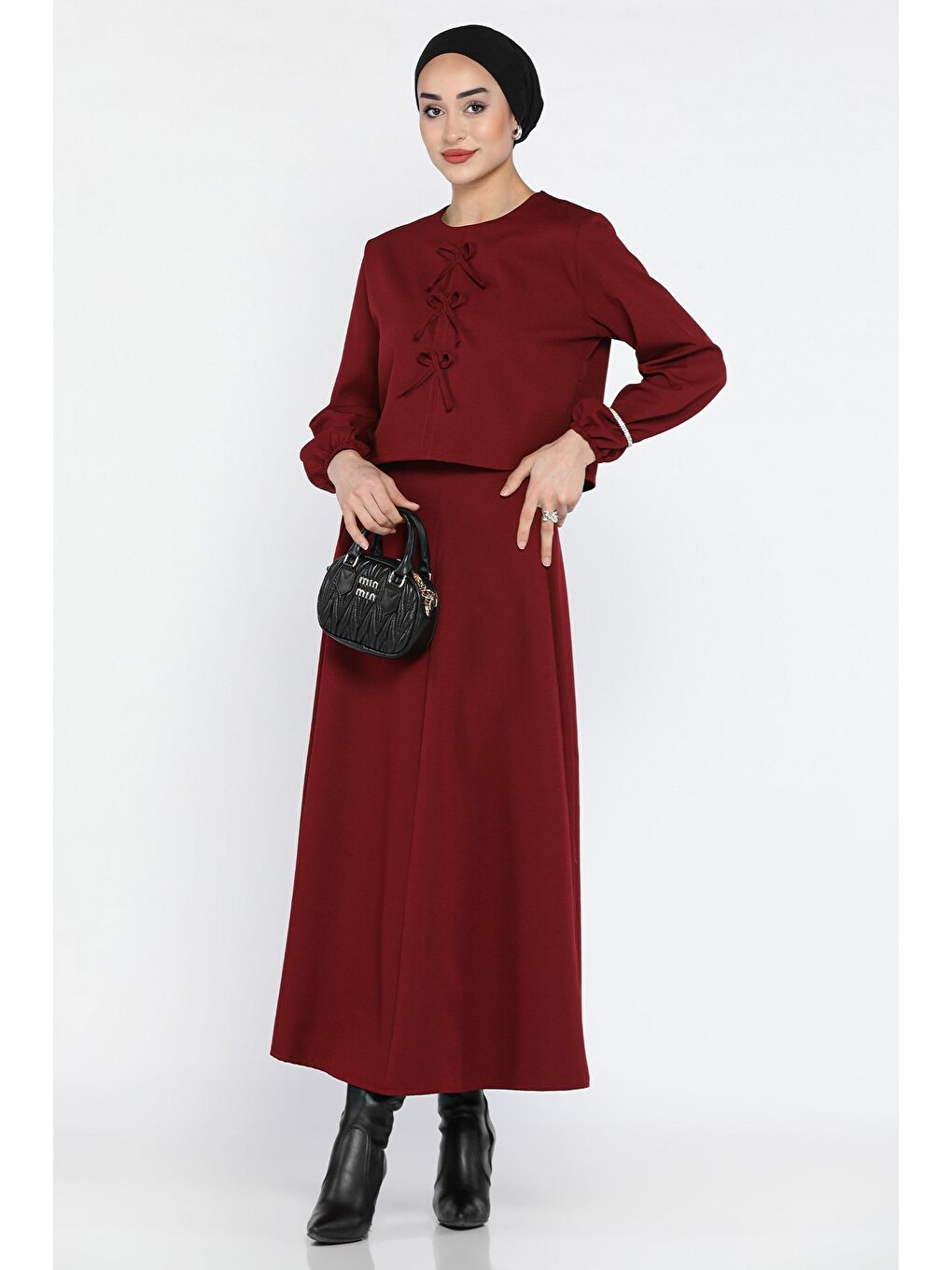 Bordo Fiyonklu Bluz Etek Tesettür İkili Takım-1