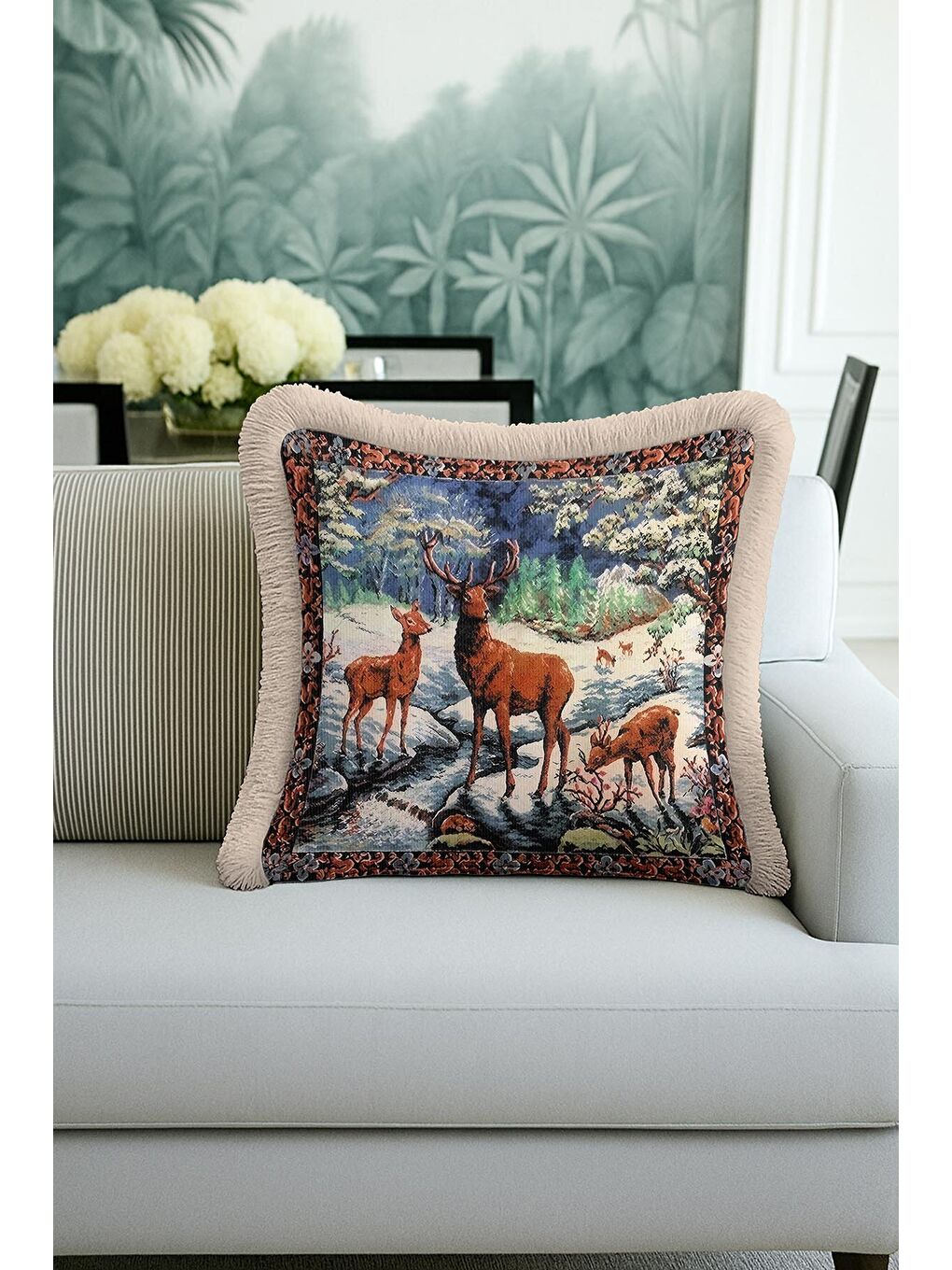 Karışık Lüks Orman Manzaralı Saçaklı Yastık Kılıfı - Geyik Figürlü Rustik Bej Püsküllü Kırlent Kılıfı-4