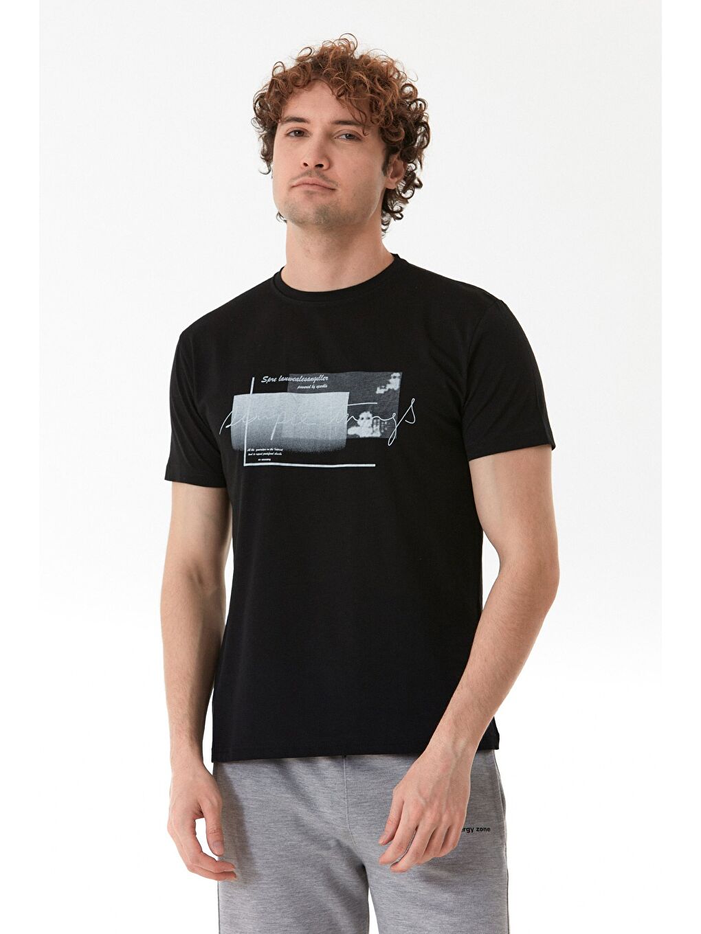 Siyah Yazı Baskılı Bisiklet Yaka %100 Pamuk Tişört-2