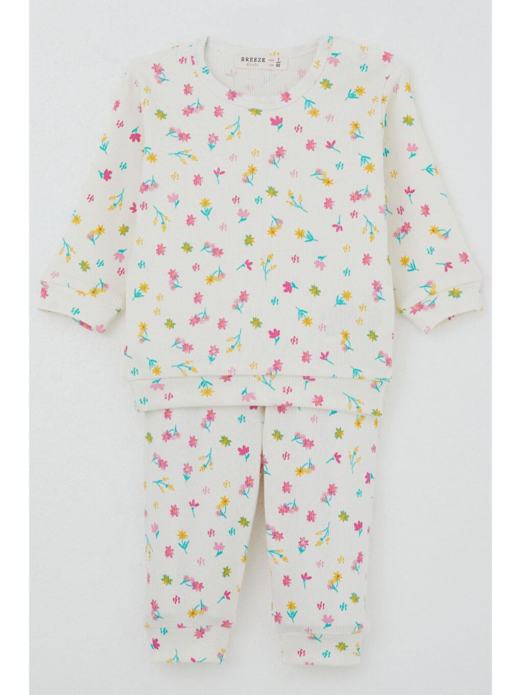 Kız Bebek Pijama Takımı Omuzdan Patlı Renkli Çiçek Desenli Ekru (4 Ay-1 Yaş)