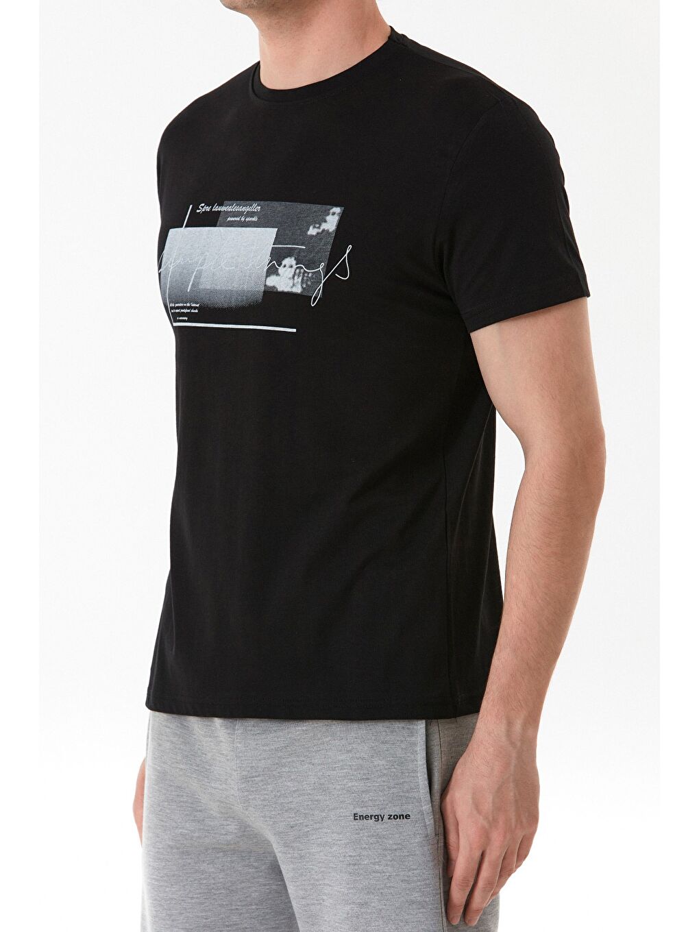 Siyah Yazı Baskılı Bisiklet Yaka %100 Pamuk Tişört-4
