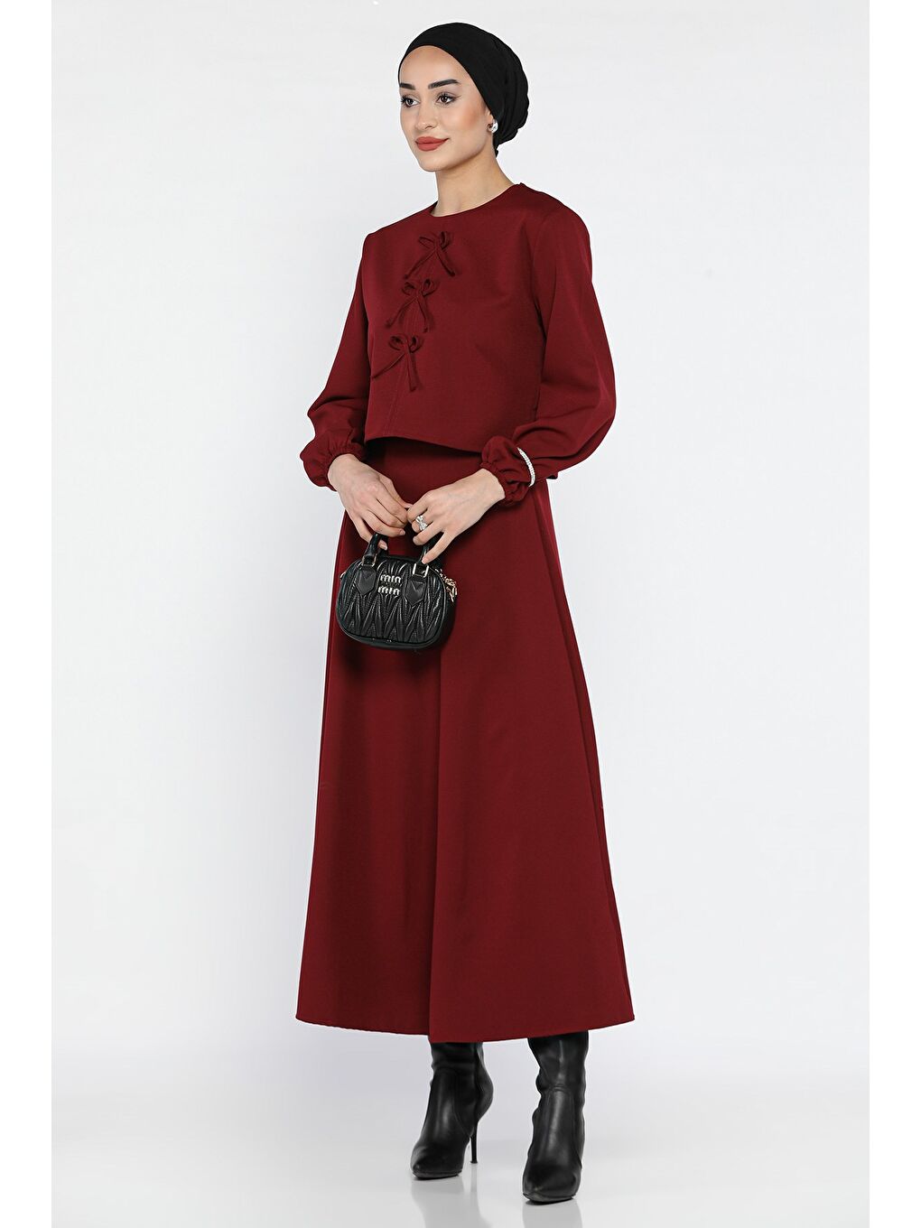 Bordo Fiyonklu Bluz Etek Tesettür İkili Takım-3