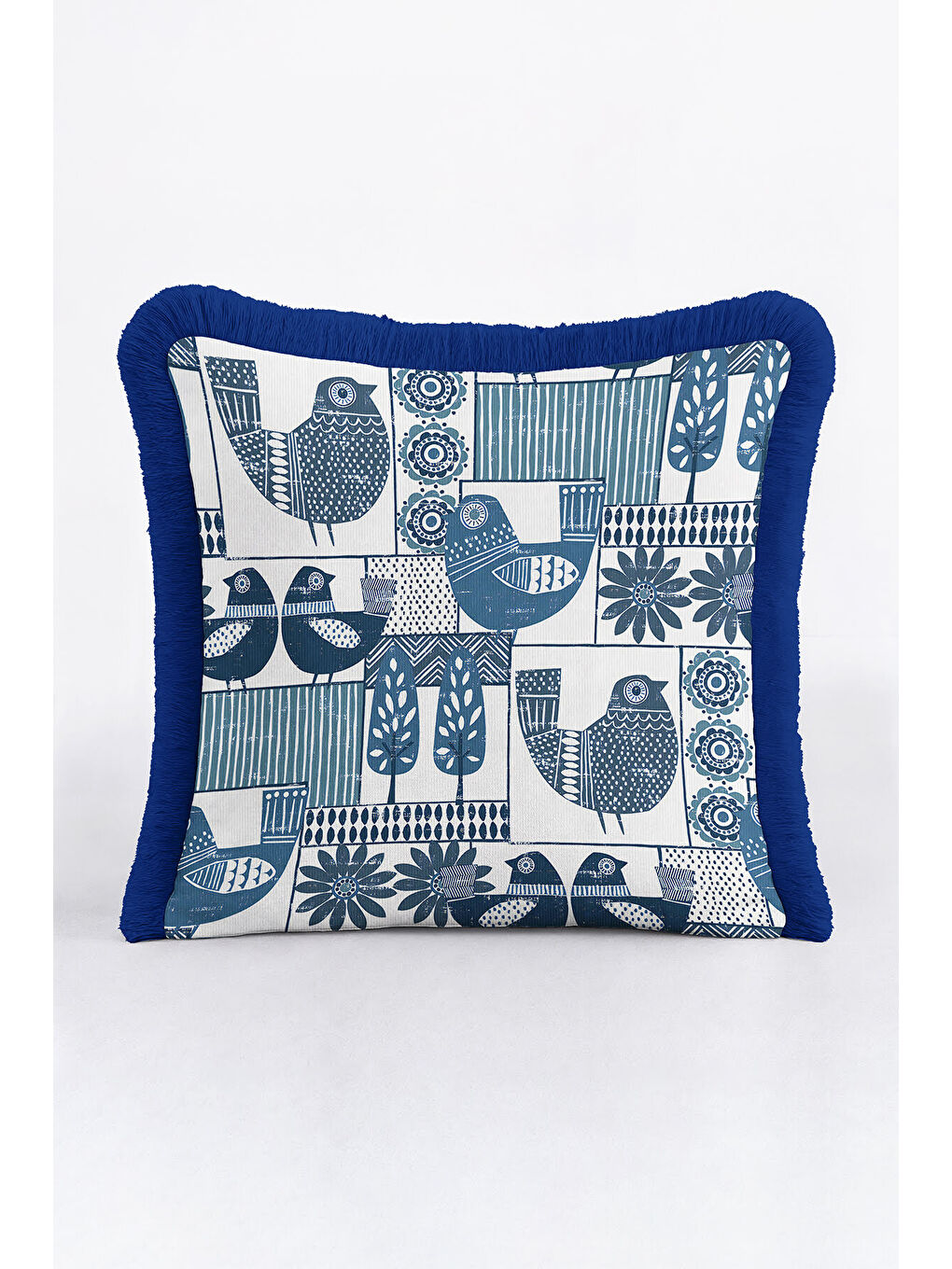Karışık Modern Kuş Figürlü Saçaklı Yastık Kılıfı - İskandinav Doğal Mavi Püsküllü Kırlent Kılıfı-2