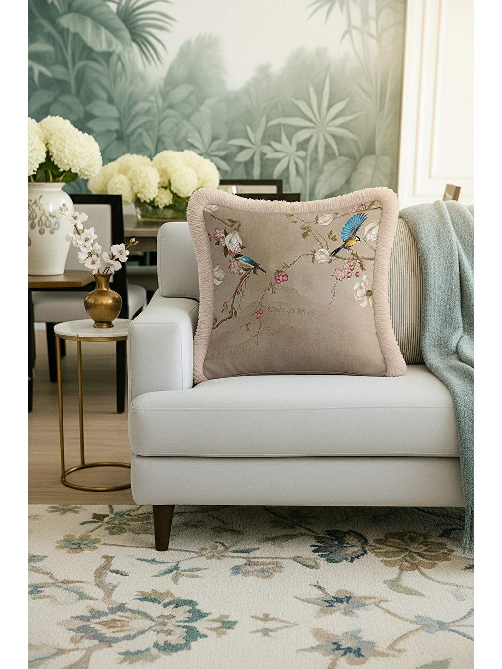 Karışık Lüks Vintage Kuşlu Saçaklı Yastık Kılıfı - Zarif Doğal Çiçekli Klasik Bohem Püsküllü Kırlent Kılıfı-1