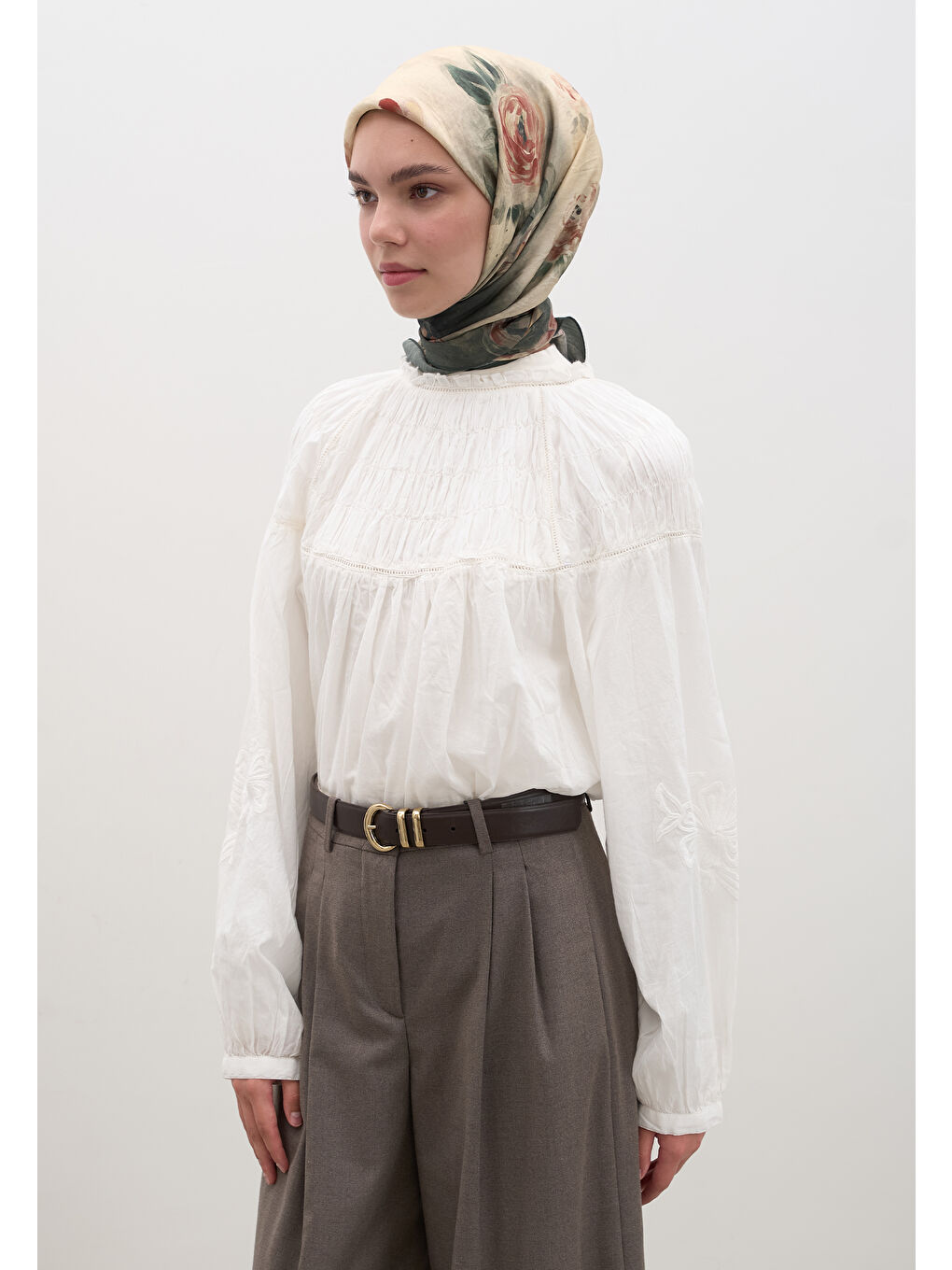 Marıelle Desen Pamuklu Viskon Eşarp Çam Yeşili-1