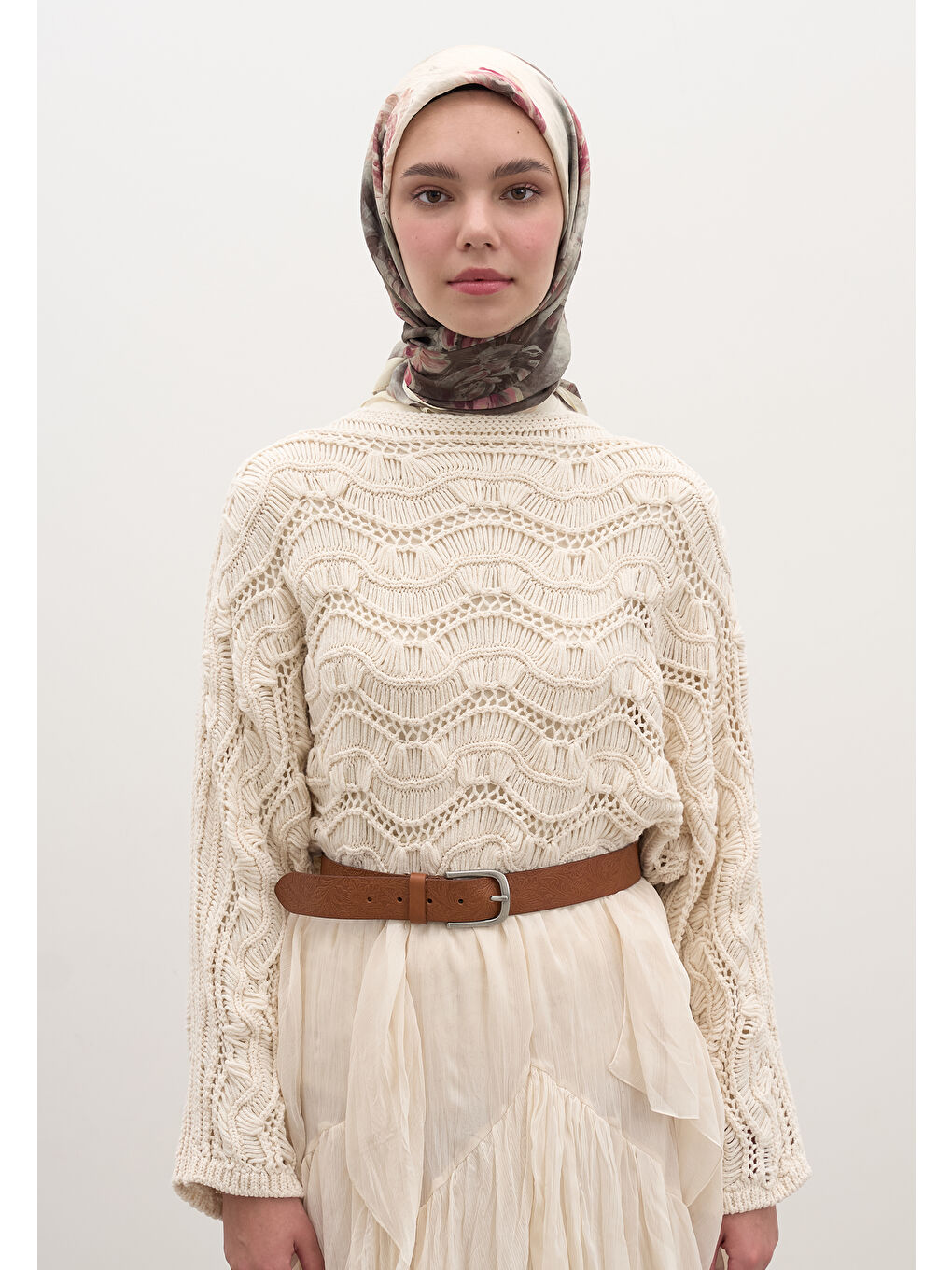 Marıelle Desen Pamuklu Viskon Eşarp Bej-1