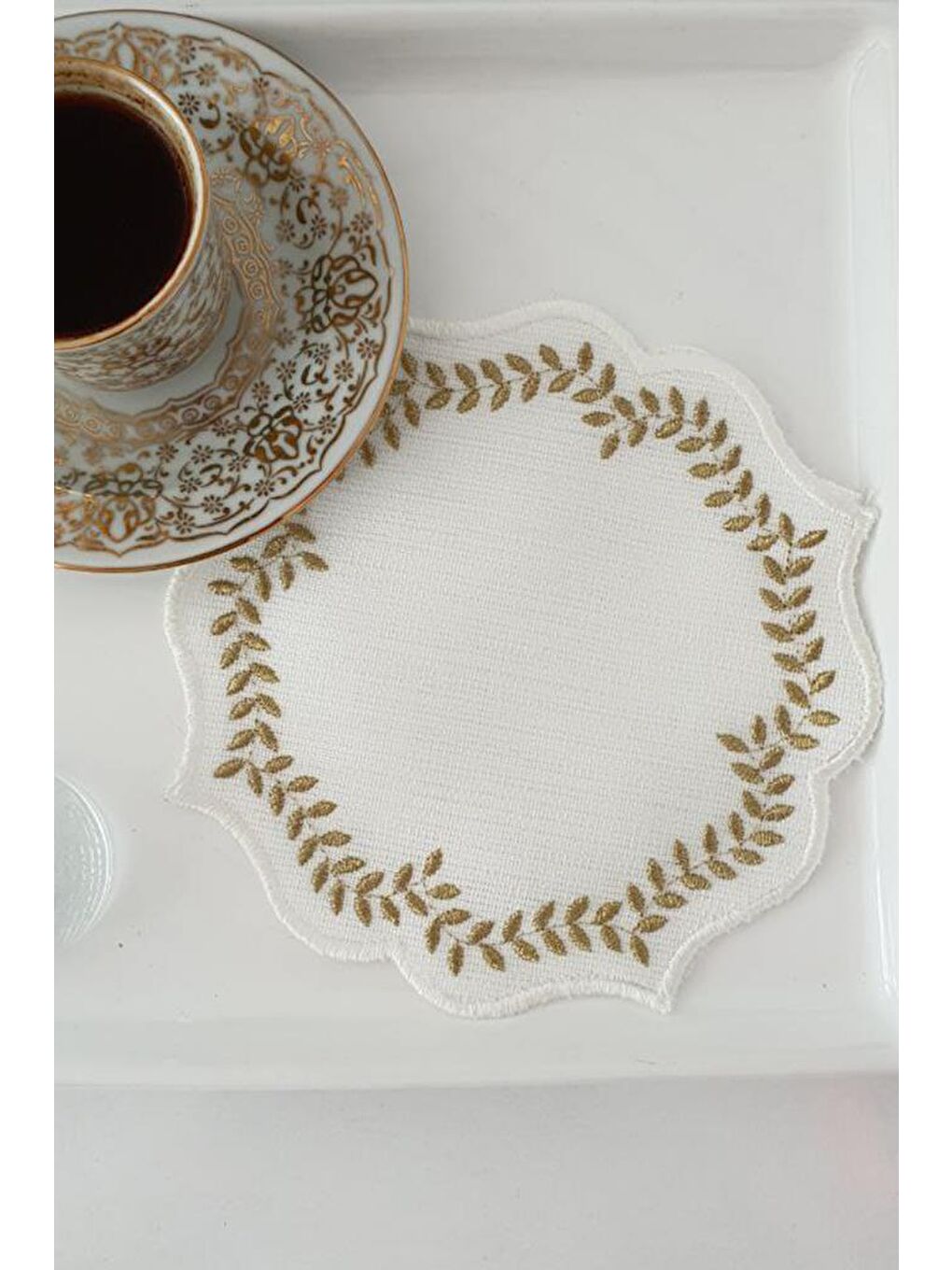 Sarı Buğday Nakışlı Keten Kare Bardak Altlığı Seti 6 Lı Gold