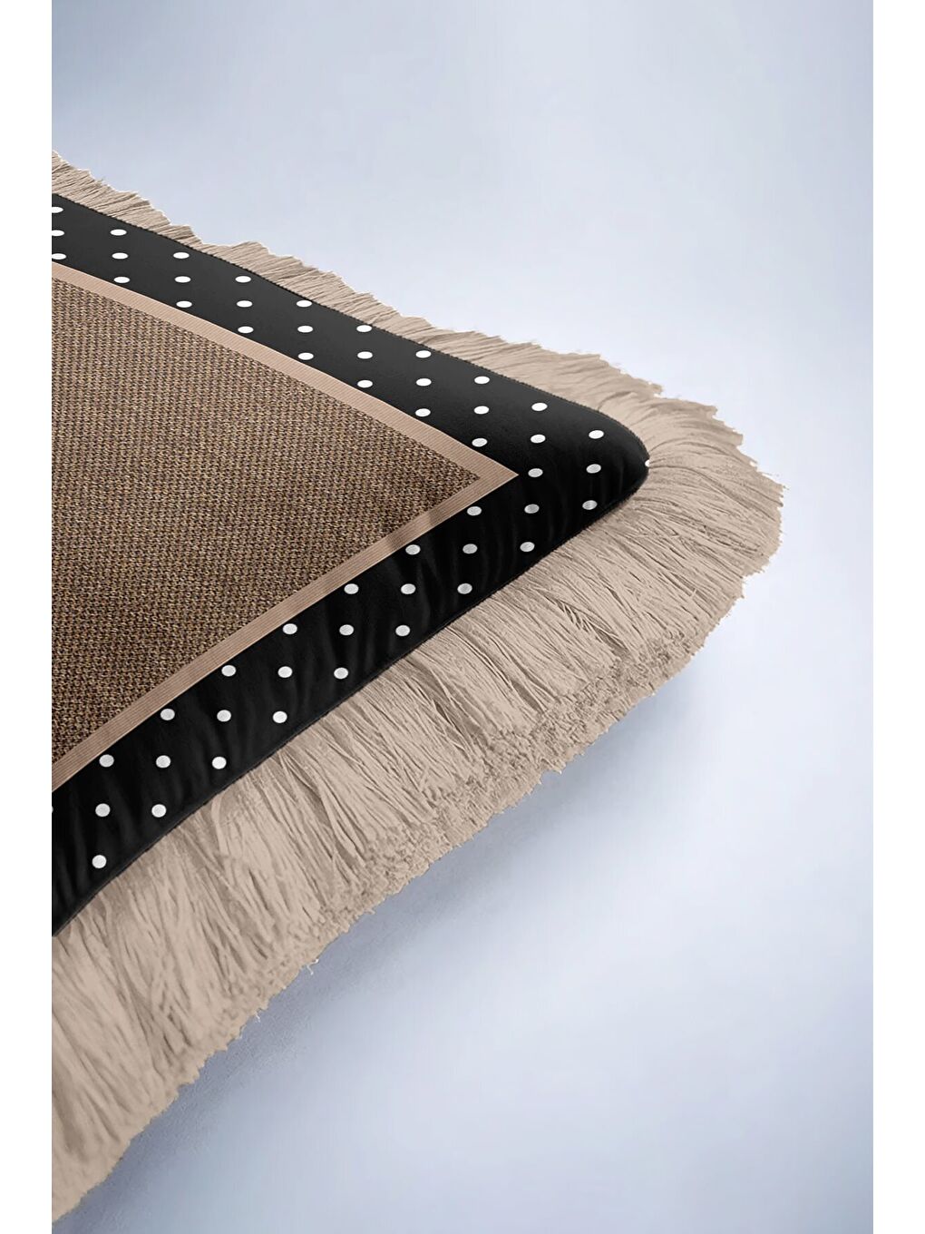 Karışık Zarif Puantiye Kenarlı Saçaklı Yastık Kılıfı - Country Modern Siyah Bej Püsküllü Kırlent Kılıfı-6