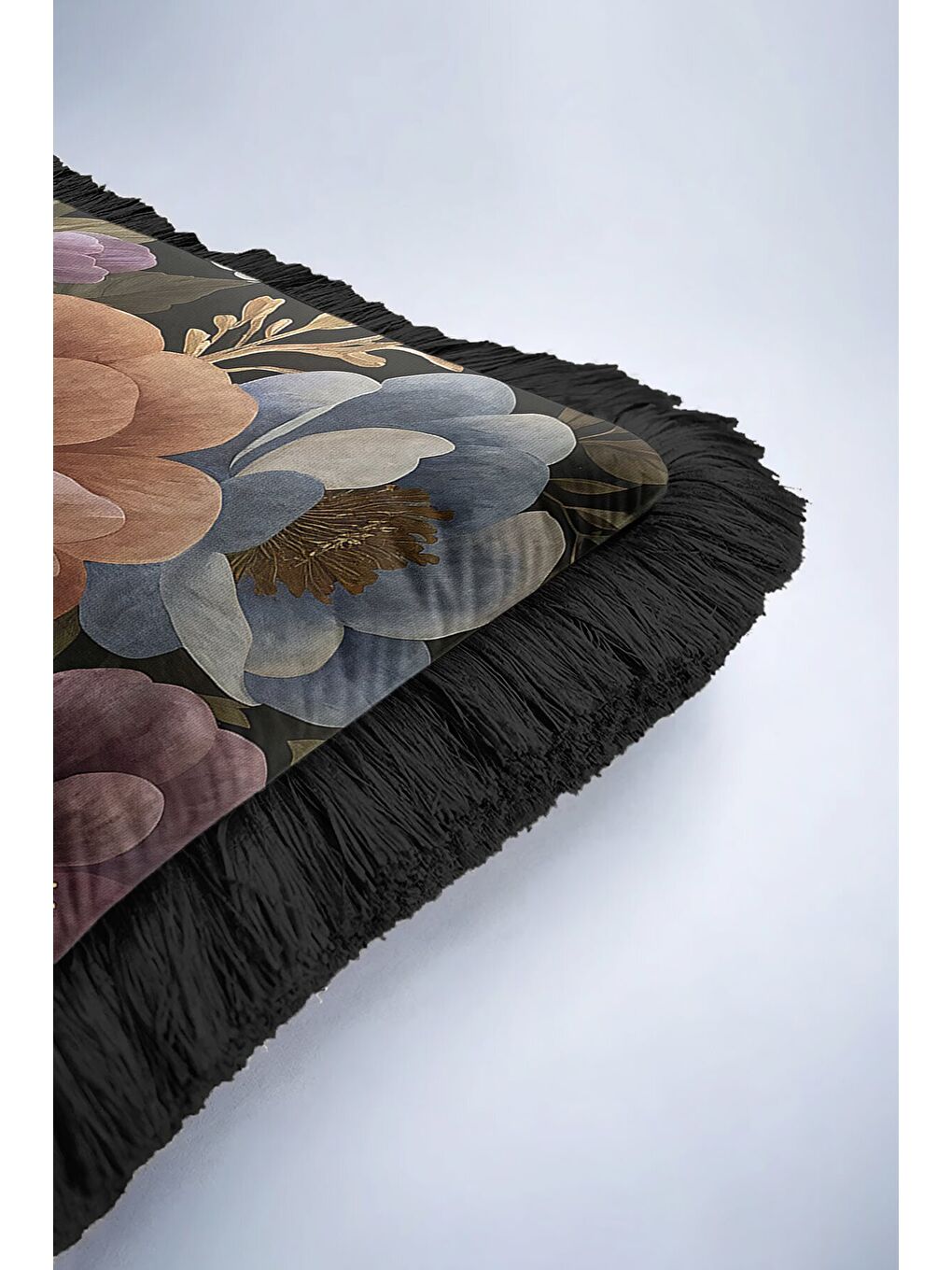 Karışık Zengin Çiçek Bahçesi Saçaklı Yastık Kılıfı - Bohem Lüks Siyah Altın Renkli Püsküllü Kırlent Kılıfı-6