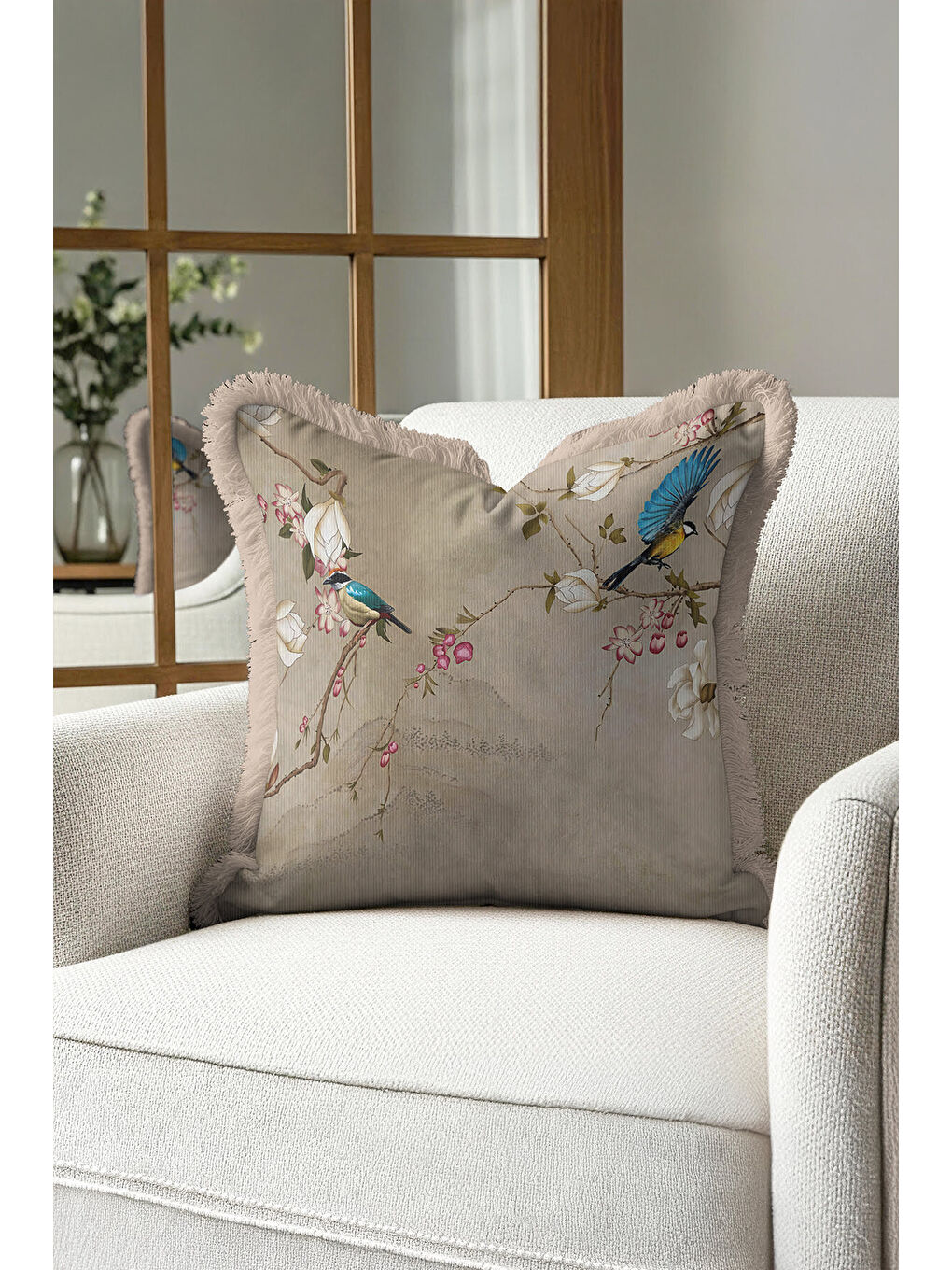 Karışık Lüks Vintage Kuşlu Saçaklı Yastık Kılıfı - Zarif Doğal Çiçekli Klasik Bohem Püsküllü Kırlent Kılıfı-3
