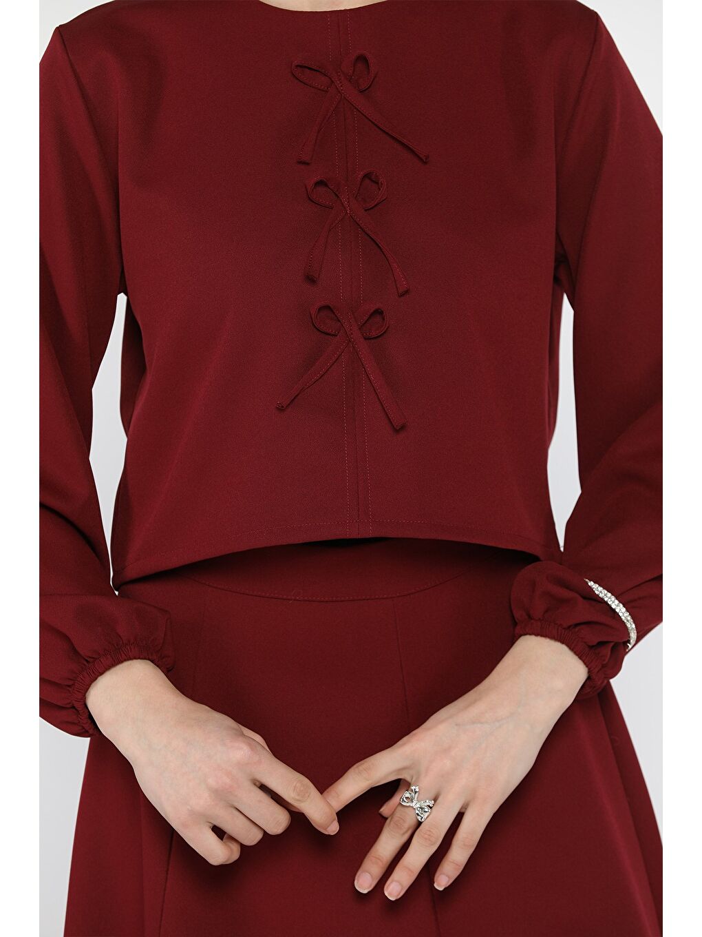 Bordo Fiyonklu Bluz Etek Tesettür İkili Takım-6