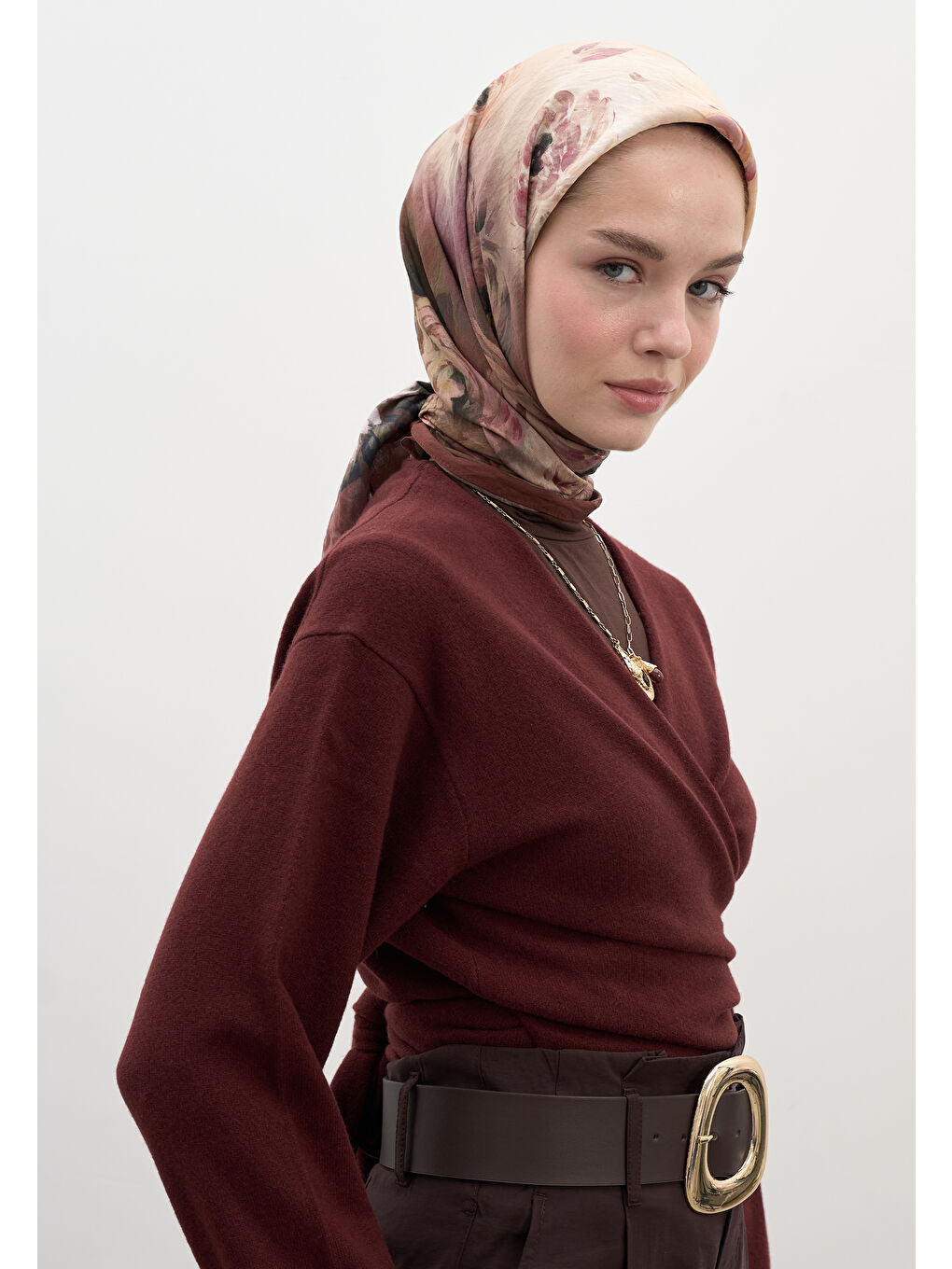 Kahverengi Marıelle Desen Pamuklu Viskon Eşarp Ağaç Kabuğu-1