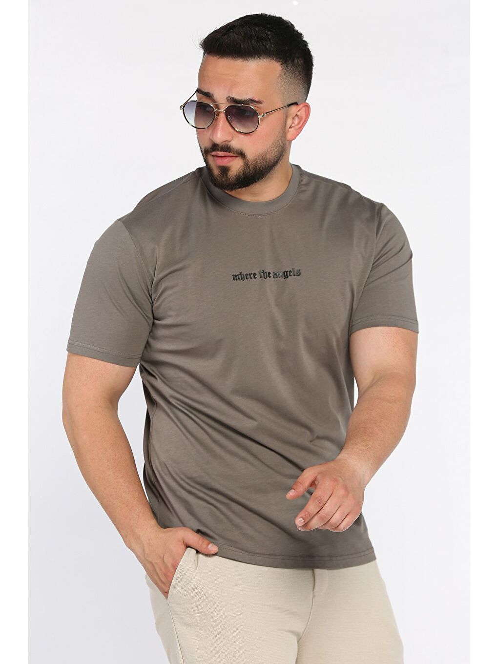 Bej Erkek Bisiklet Yaka Silikon Kabartma Baskılı Tişört-1