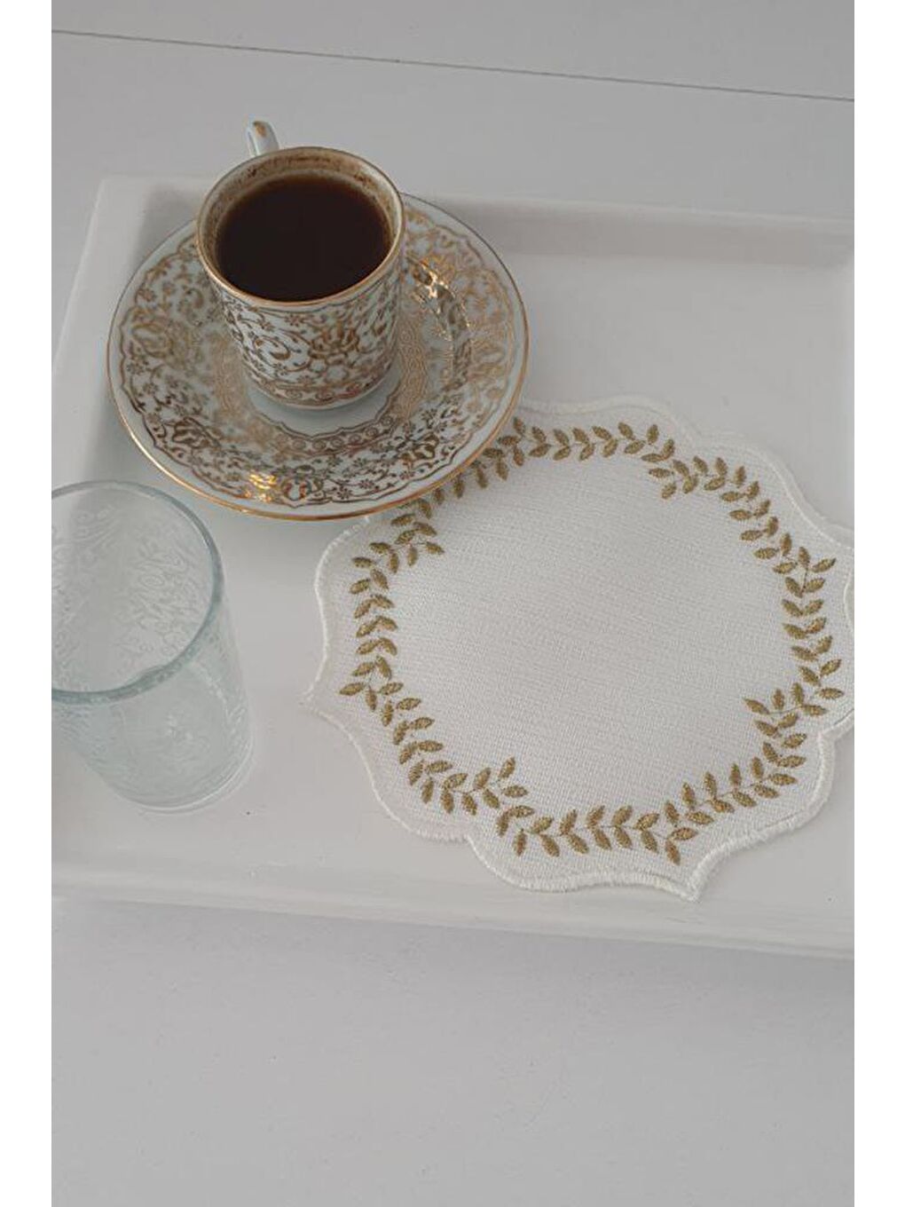 Sarı Buğday Nakışlı Keten Kare Bardak Altlığı Seti 6 Lı Gold-1