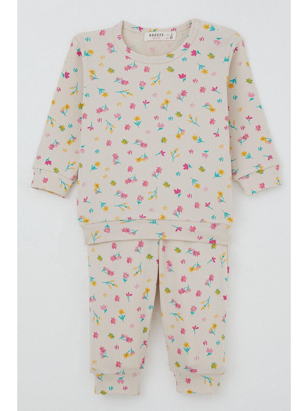 Ekru Kız Bebek Pijama Takımı Omuzdan Patlı Renkli Çiçek Desenli Krem (4-9 Ay)