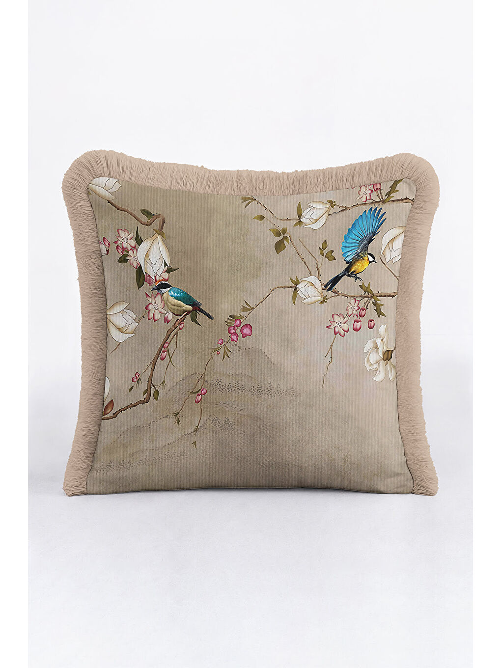 Karışık Lüks Vintage Kuşlu Saçaklı Yastık Kılıfı - Zarif Doğal Çiçekli Klasik Bohem Püsküllü Kırlent Kılıfı-4