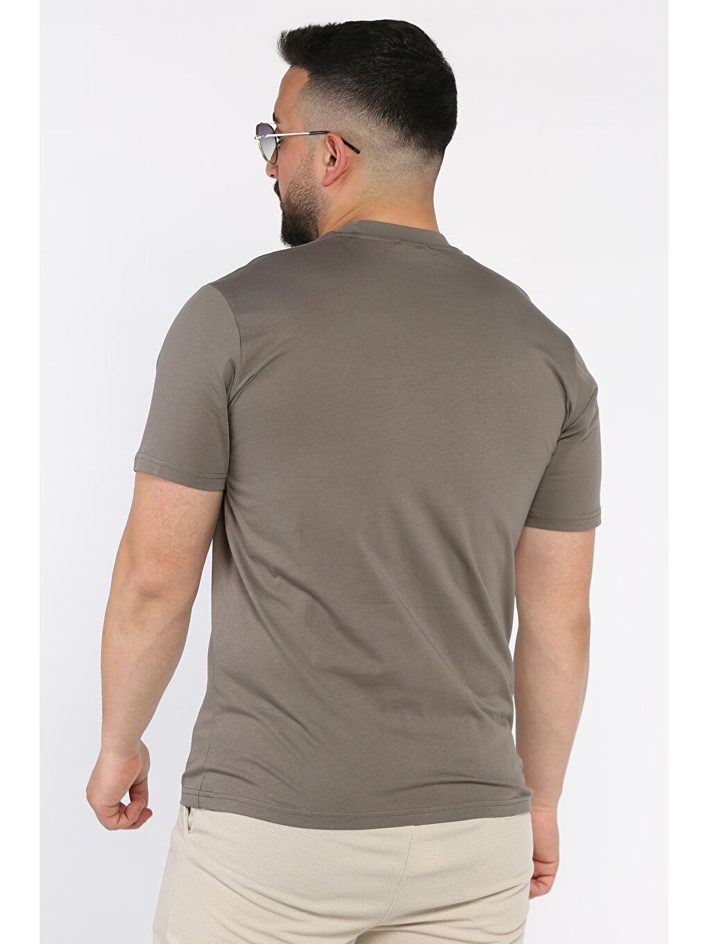 Bej Erkek Bisiklet Yaka Silikon Kabartma Baskılı Tişört-2