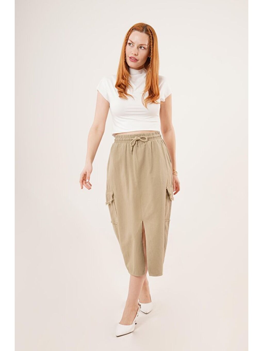 Ön Yırtmaçlı Cep Detaylı Haki Etek-1