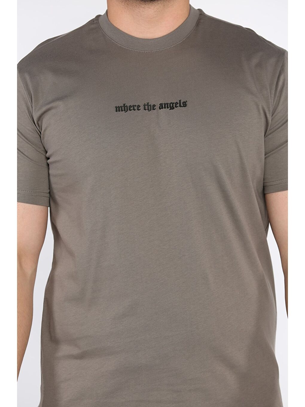 Bej Erkek Bisiklet Yaka Silikon Kabartma Baskılı Tişört-3