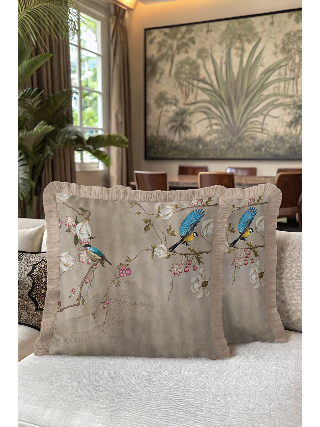 Karışık Lüks Vintage Kuşlu Saçaklı Yastık Kılıfı - Zarif Doğal Çiçekli Klasik Bohem Püsküllü Kırlent Kılıfı-5