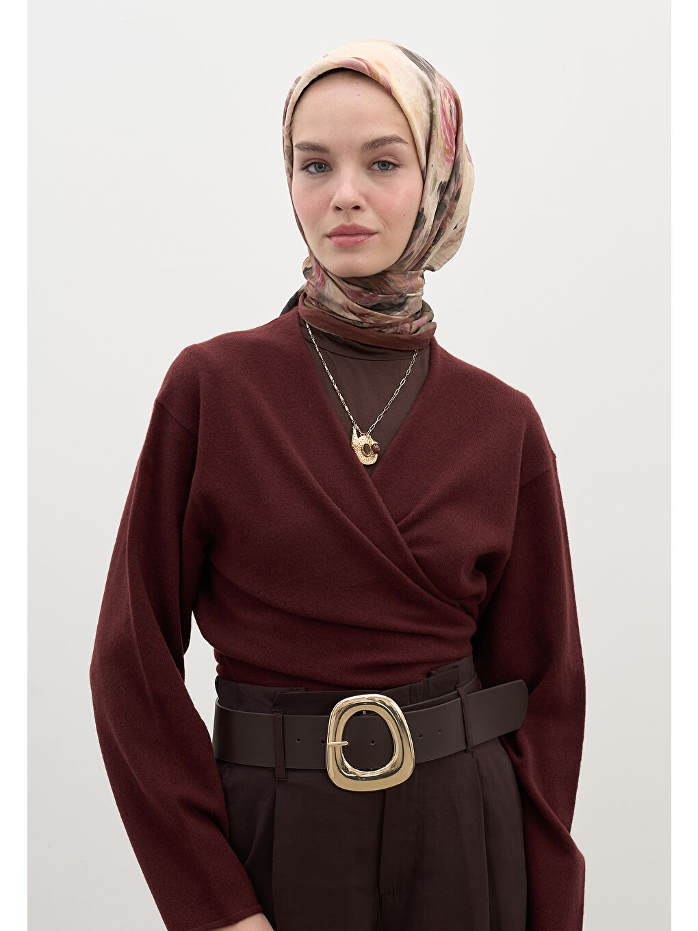 Kahverengi Marıelle Desen Pamuklu Viskon Eşarp Ağaç Kabuğu-2