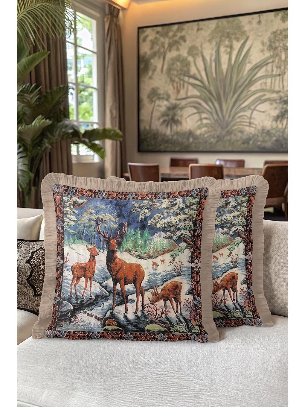 Karışık Lüks Orman Manzaralı Saçaklı Yastık Kılıfı - Geyik Figürlü Rustik Bej Püsküllü Kırlent Kılıfı-5