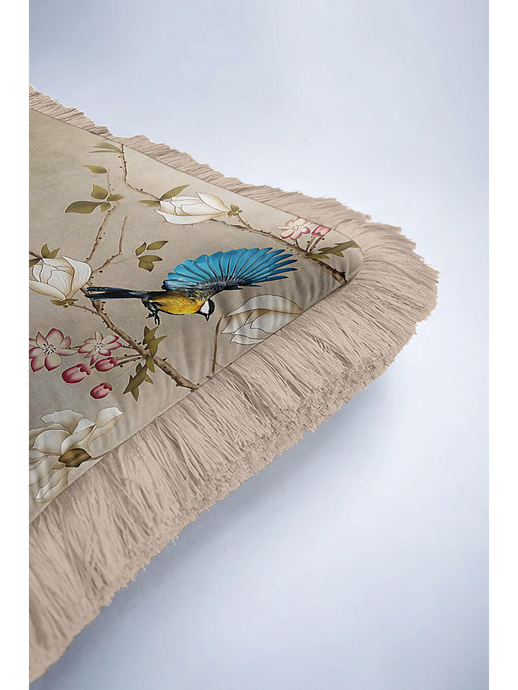 Karışık Lüks Vintage Kuşlu Saçaklı Yastık Kılıfı - Zarif Doğal Çiçekli Klasik Bohem Püsküllü Kırlent Kılıfı-6
