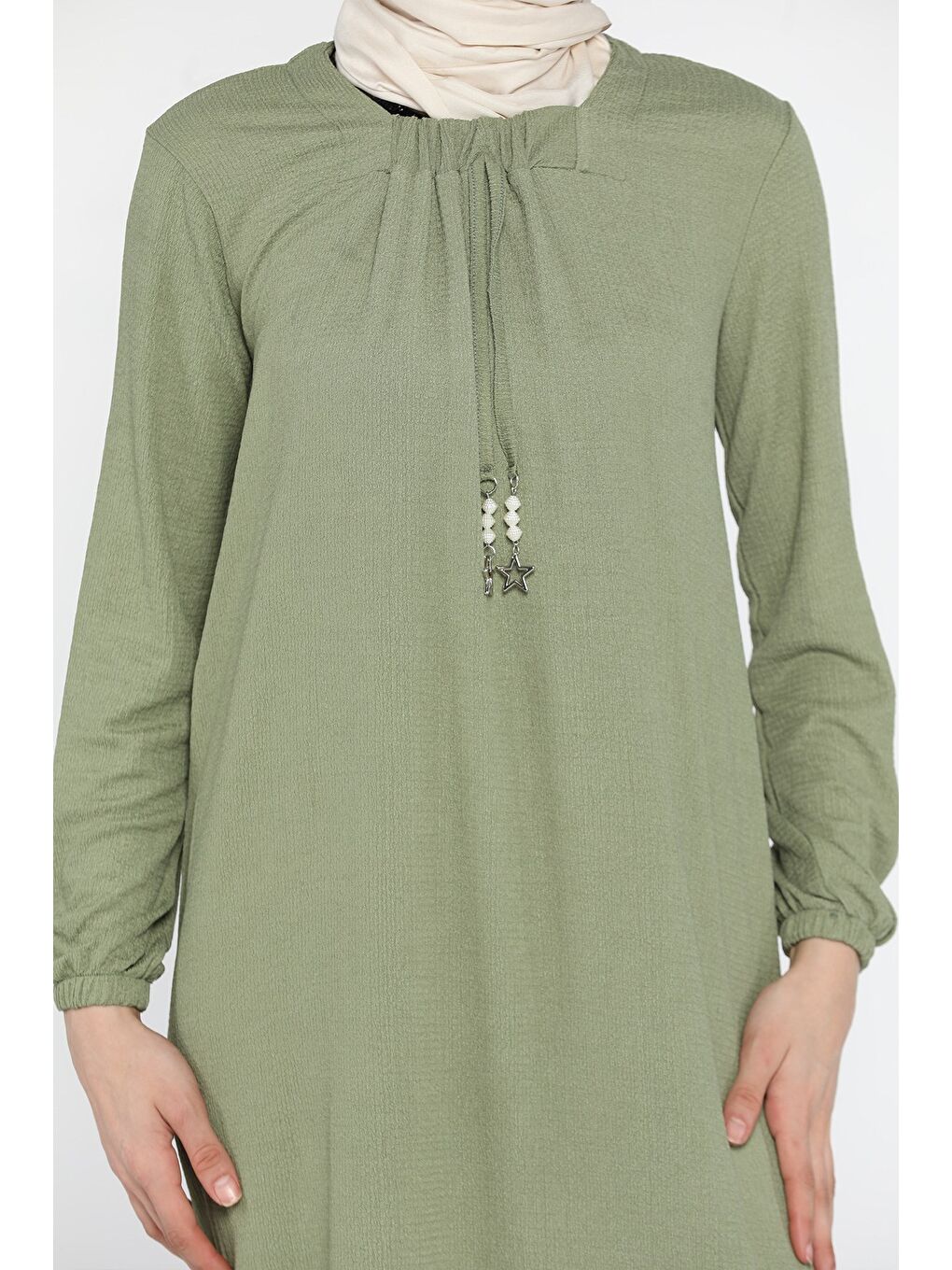 Haki Kadın Yıldız Aksesuarlı Büyük Beden Tesettür Elbise-7