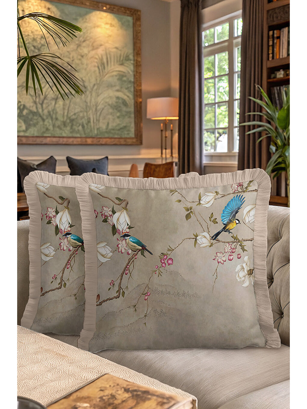 Karışık Lüks Vintage Kuşlu Saçaklı Yastık Kılıfı - Zarif Doğal Çiçekli Klasik Bohem Püsküllü Kırlent Kılıfı-7