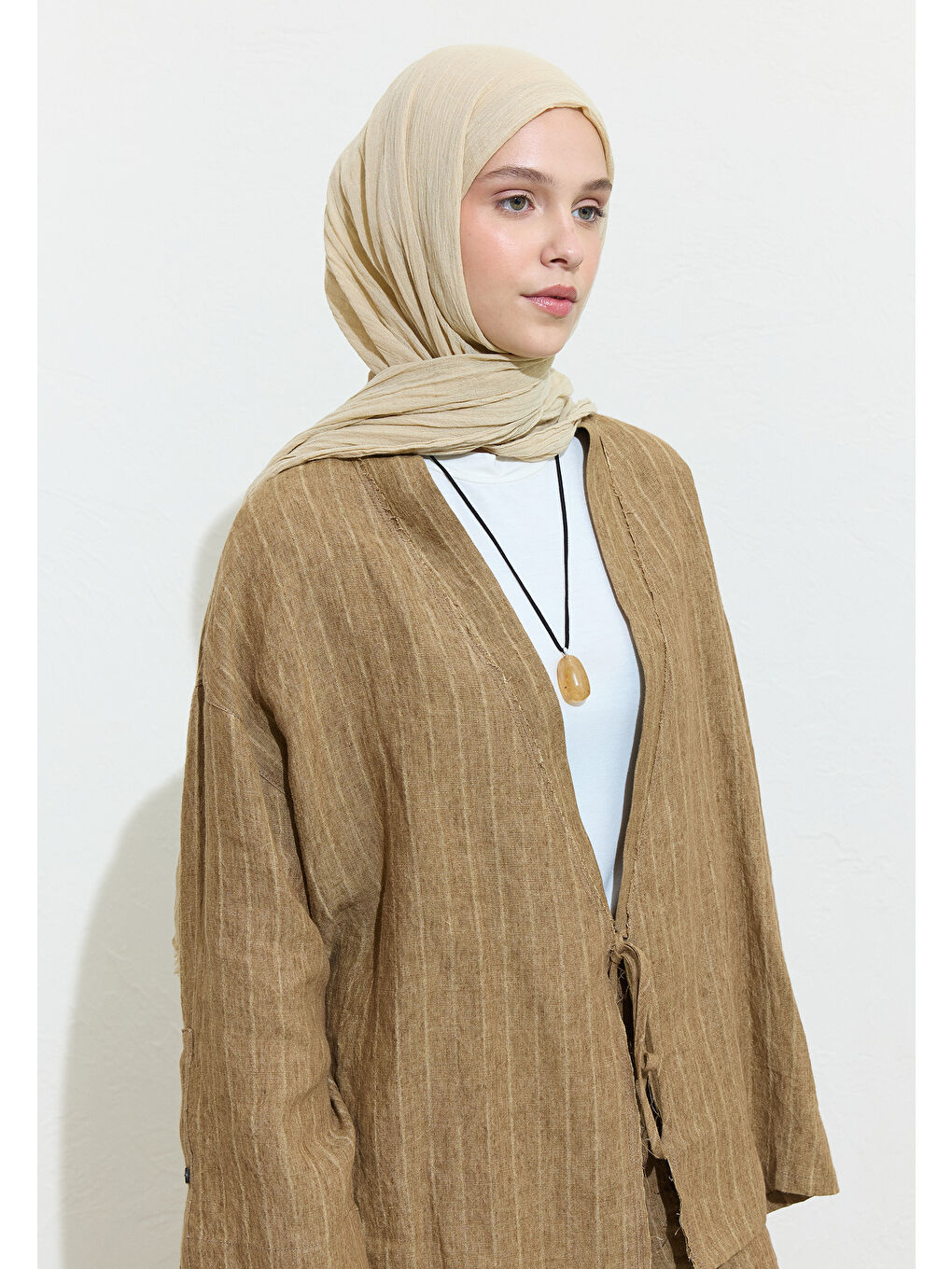 Ekru Pamuklu Keten Şal Cheesecake-1